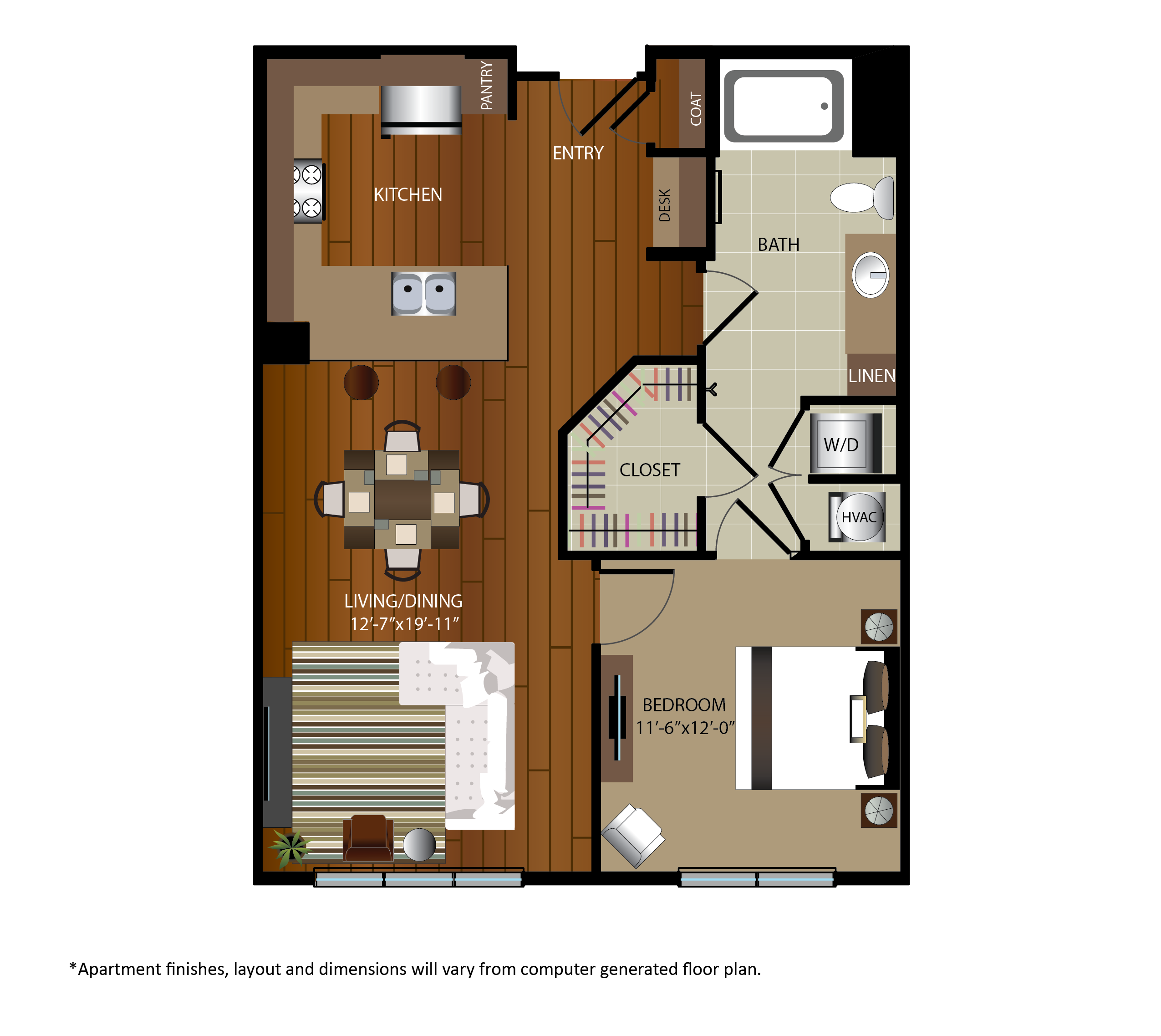 Floor plan for 1 bed, 1 bath, 808 sqft