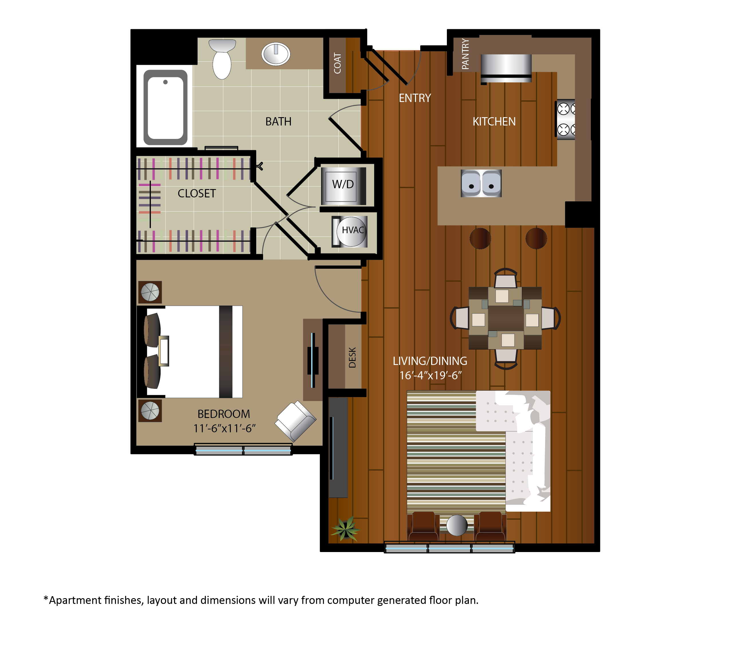 Floor plan for 1 bed, 1 bath, 856 sqft
