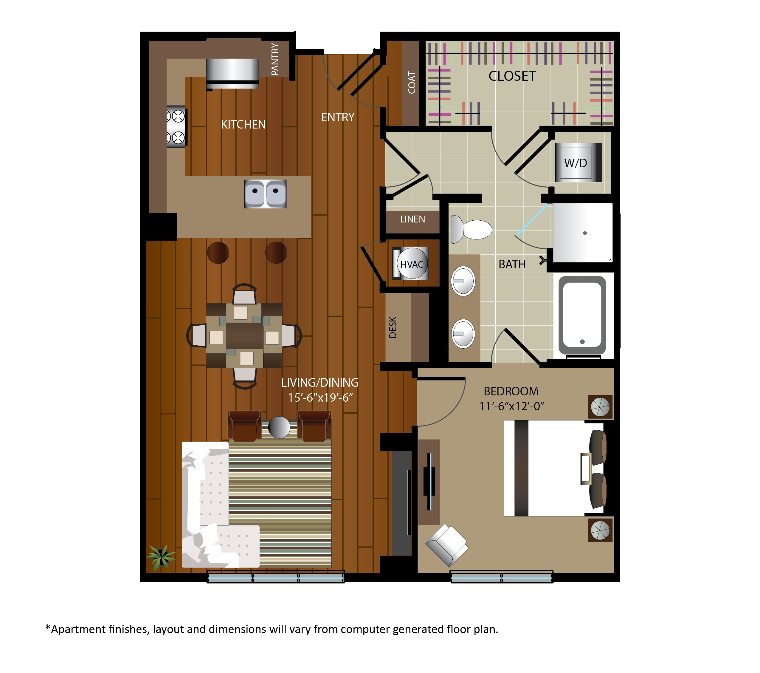 Floor plan for 1 bed, 1 bath, 900 sqft