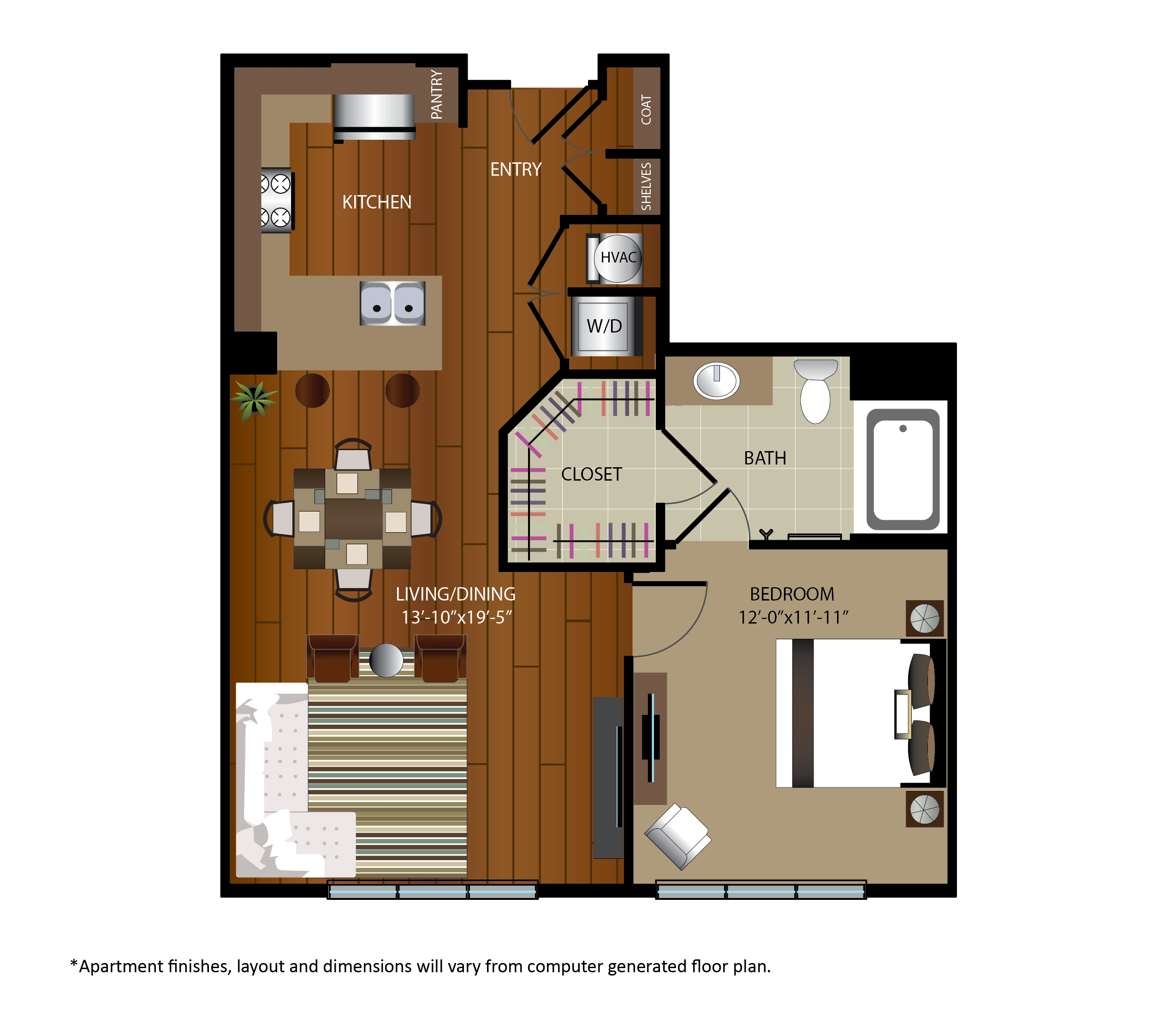 Floor plan for 1 bed, 1 bath, 771 sqft