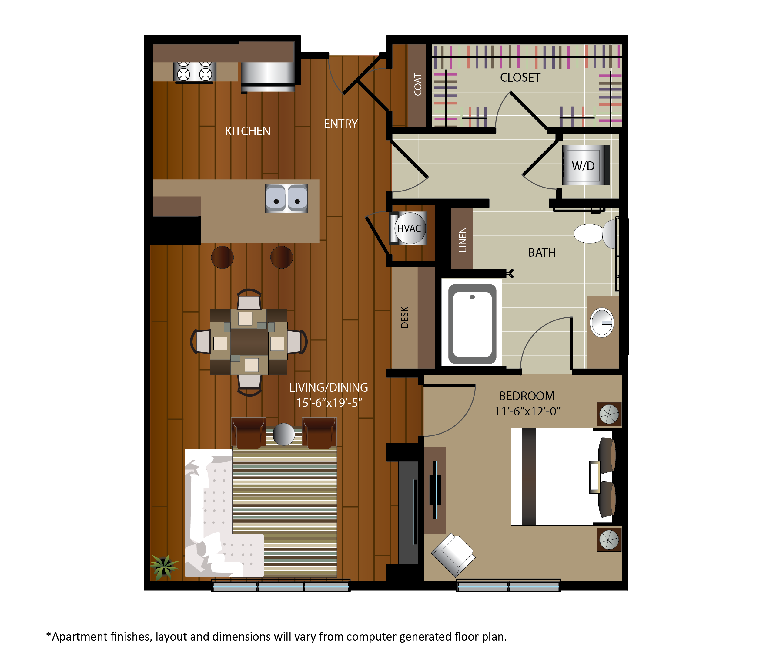 Floor plan for 1 bed, 1 bath, 898 sqft