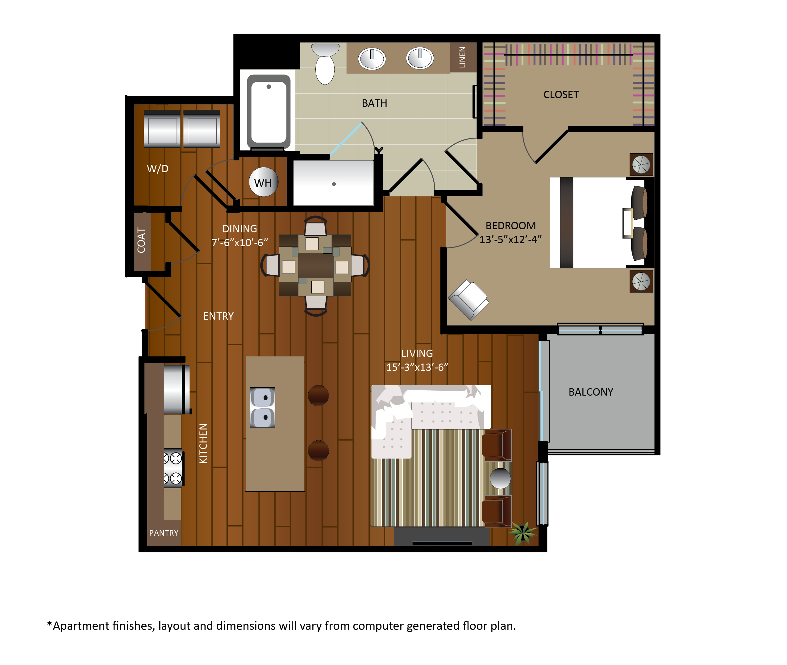 Floor plan for 1 bed, 1 bath, 940 sqft