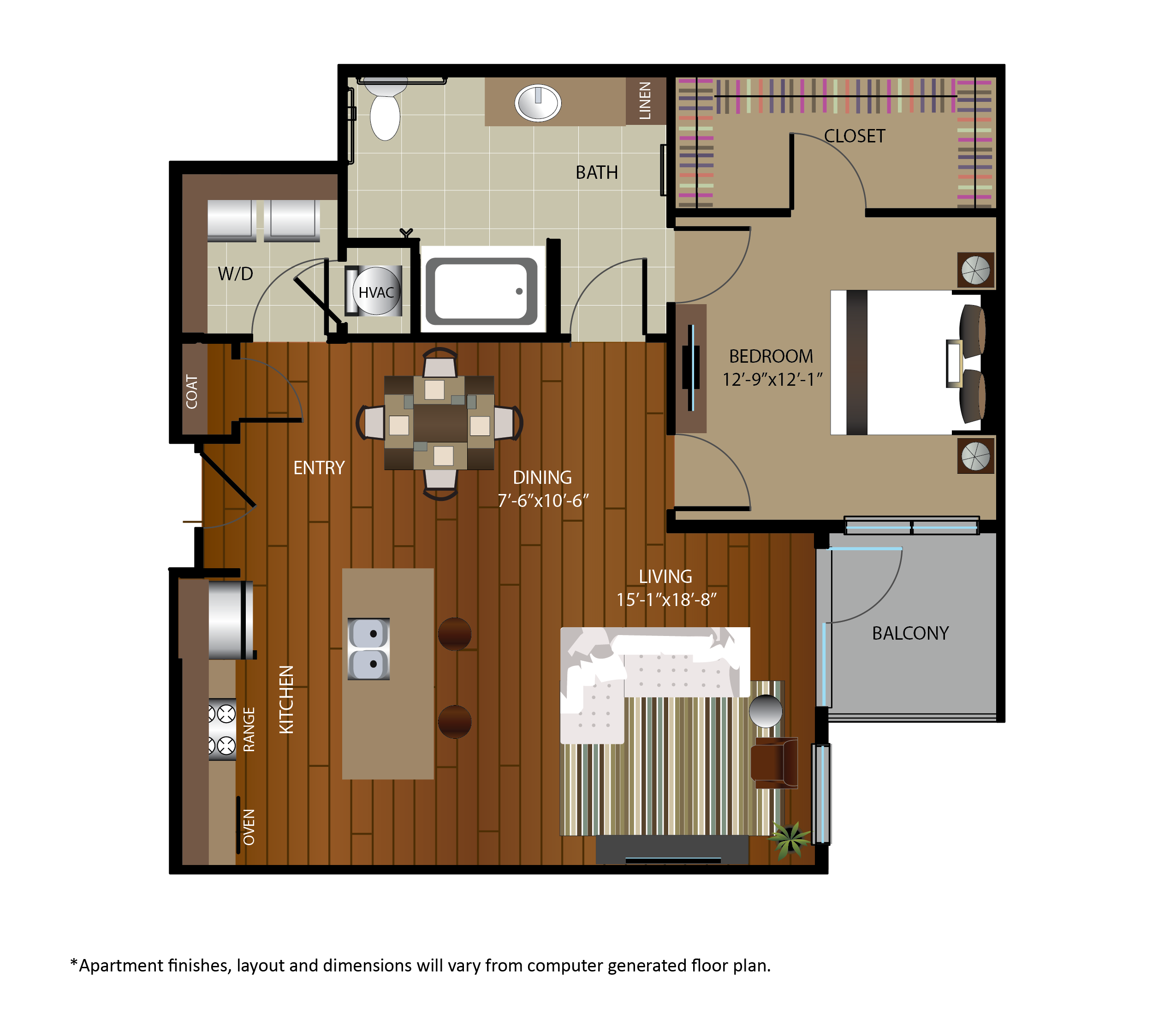 Floor plan for 1 bed, 1 bath, 943 sqft