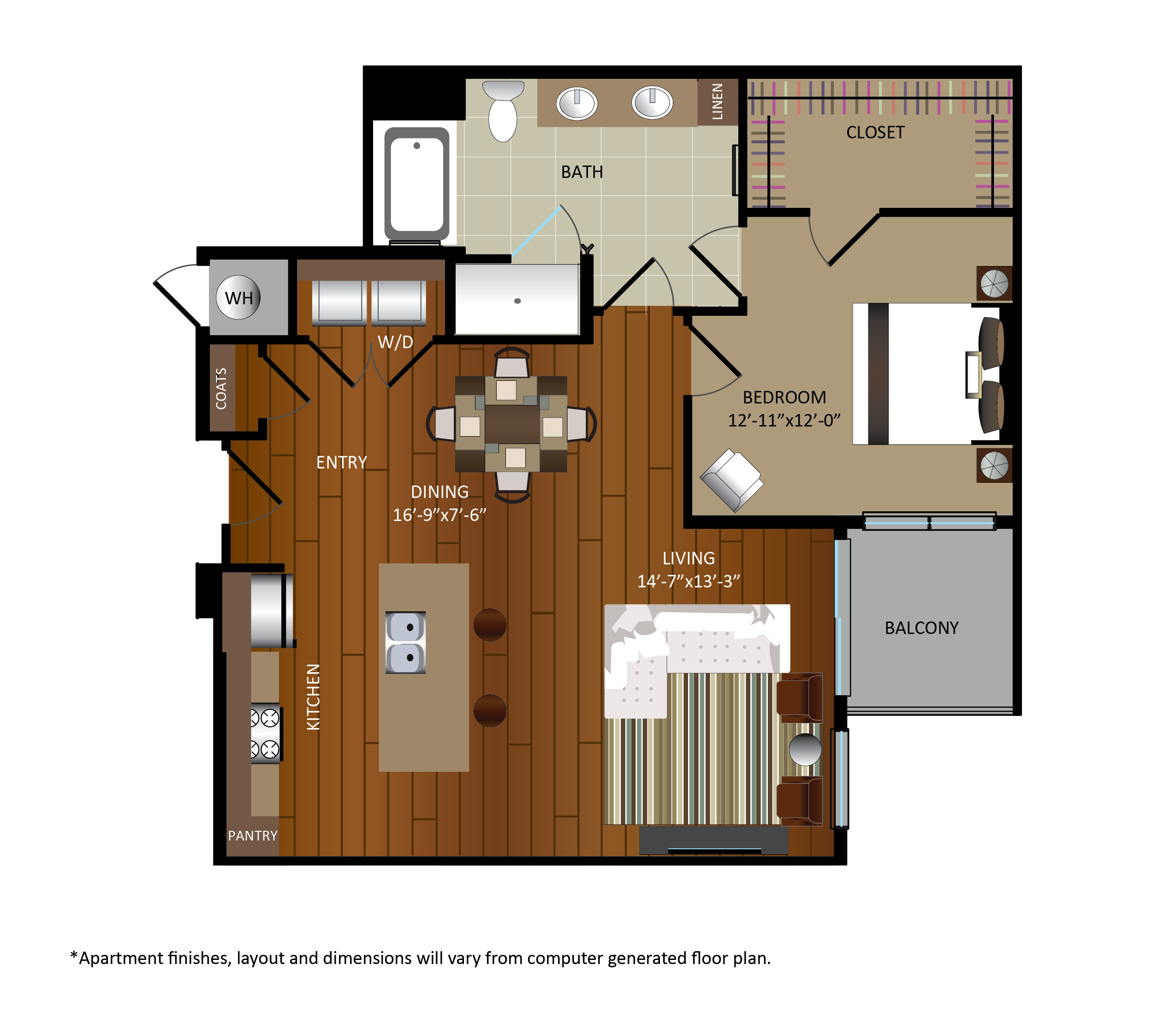 Floor plan for 1 bed, 1 bath, 915 sqft