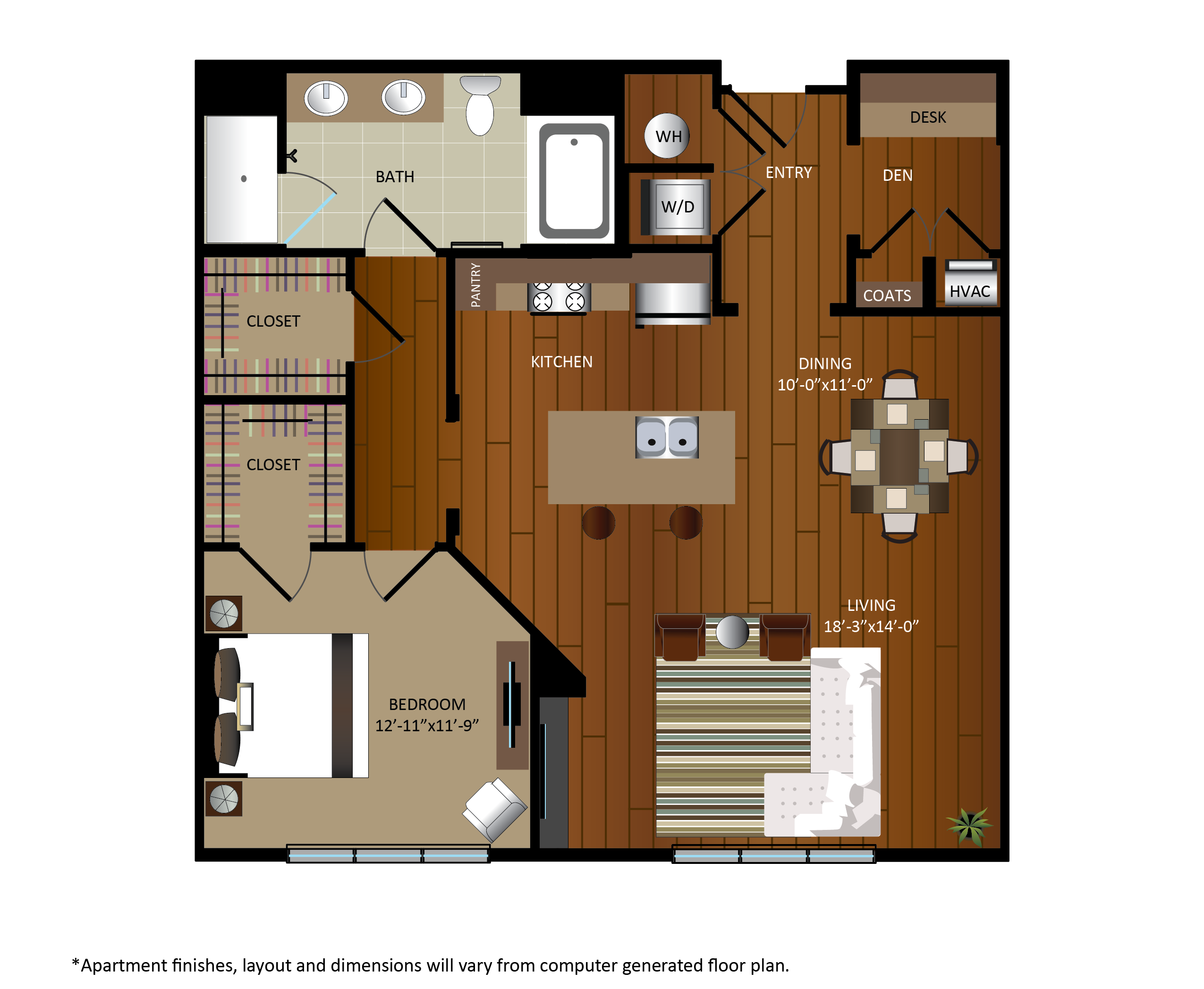 Floor plan for 1 bed, 1 bath, 1029 sqft