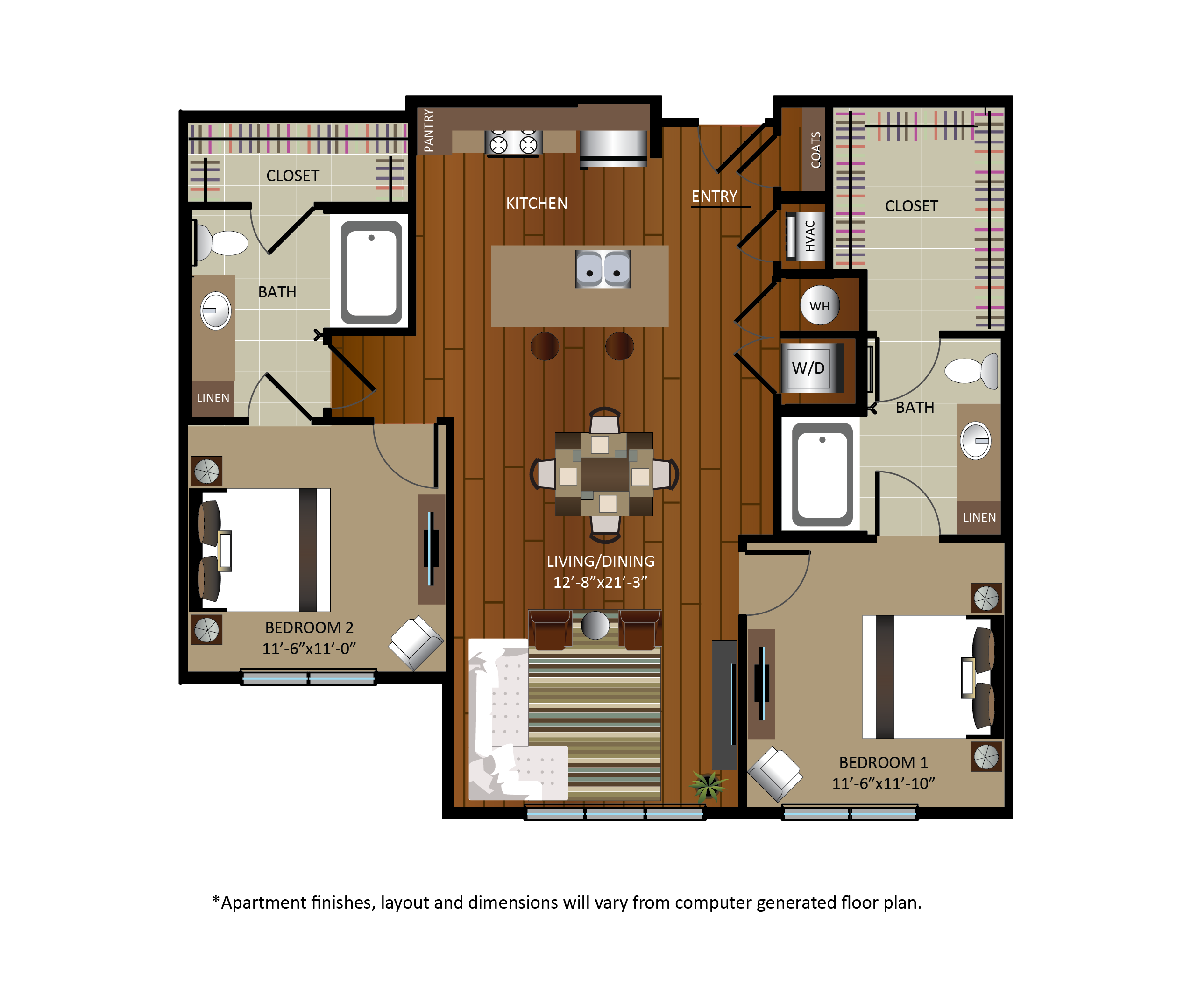 Floor plan for 2 beds, 2 baths, 1115 sqft