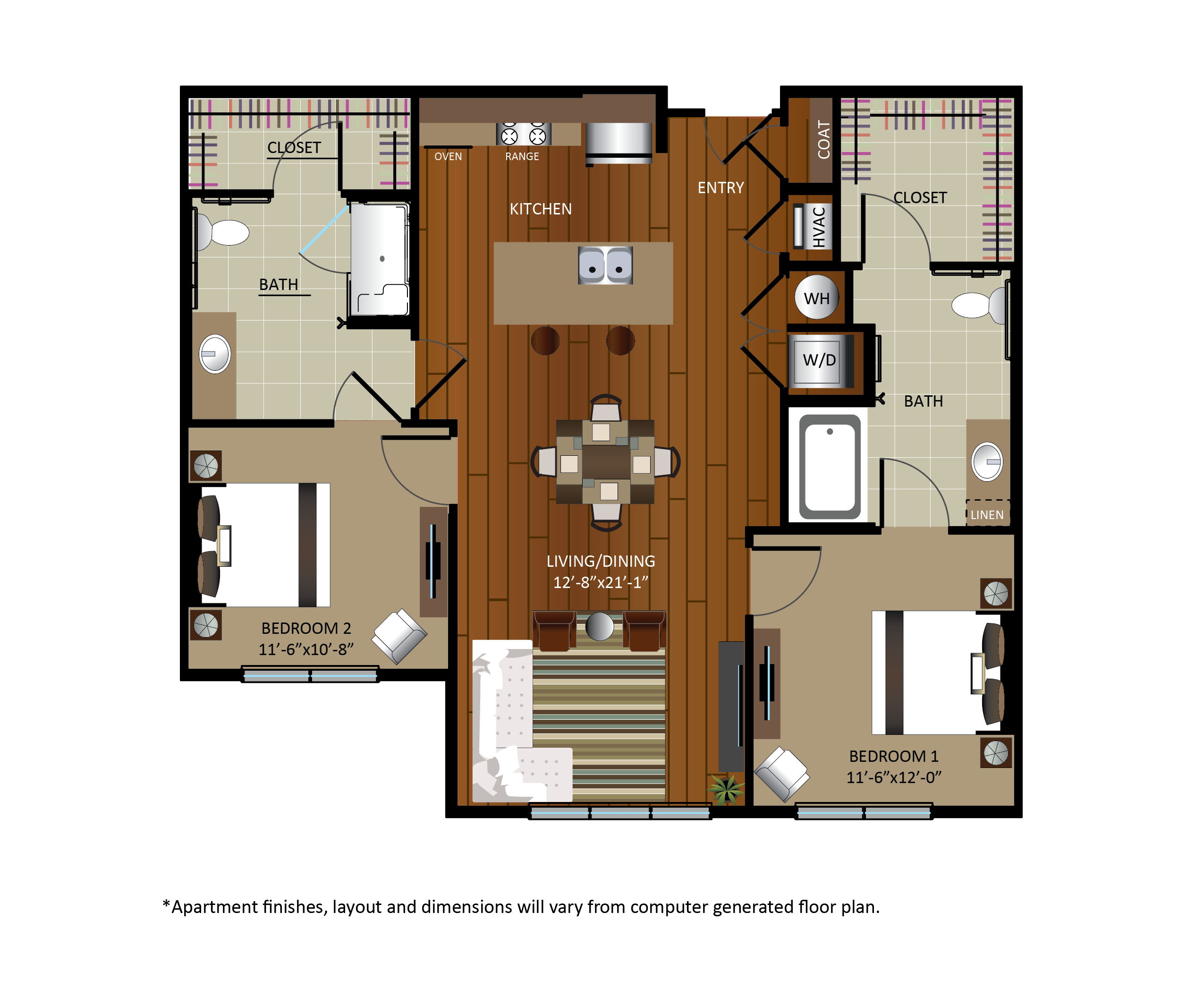 Floor plan for 2 beds, 2 baths, 1117 sqft