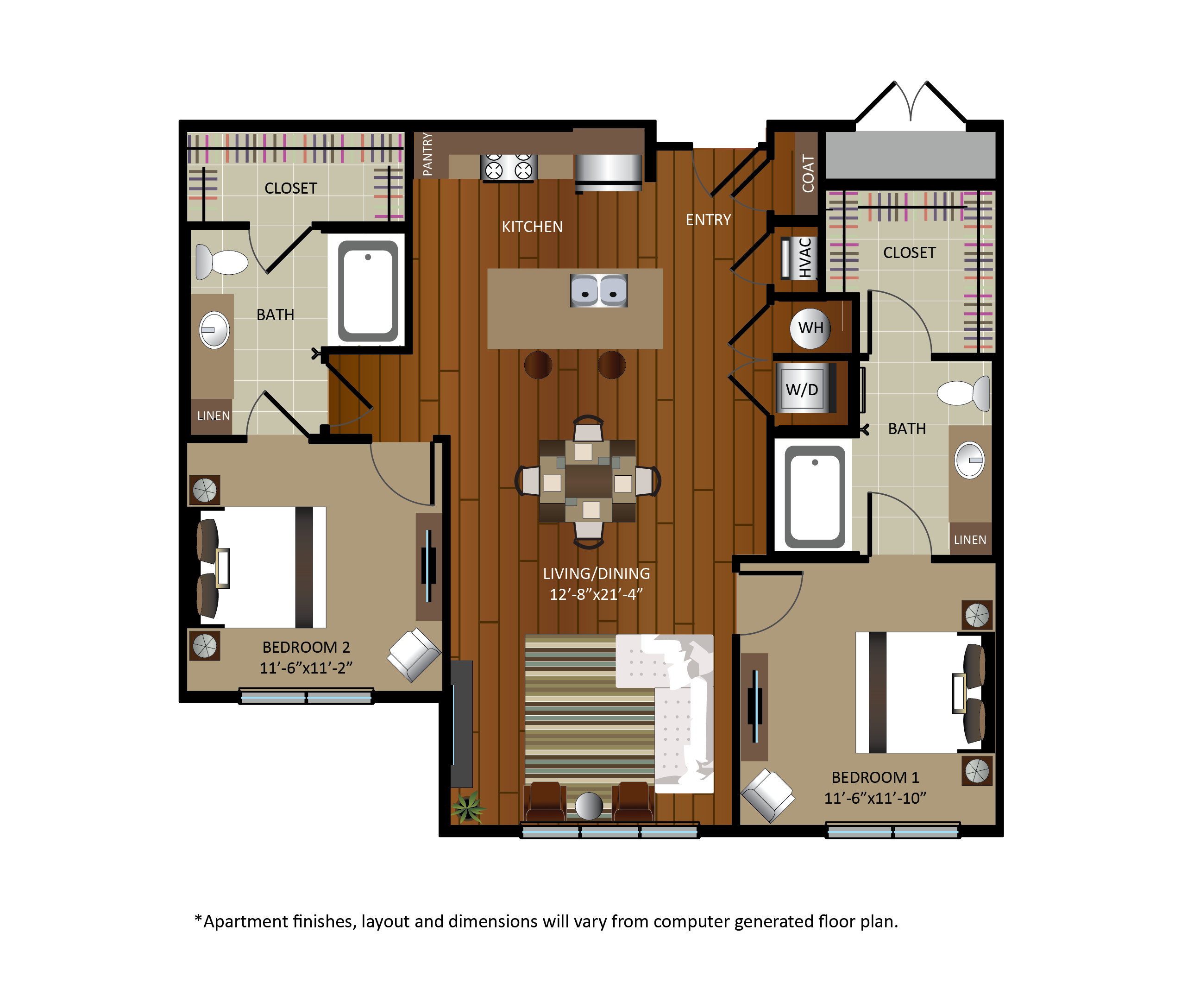 Floor plan for 2 beds, 2 baths, 1095 sqft