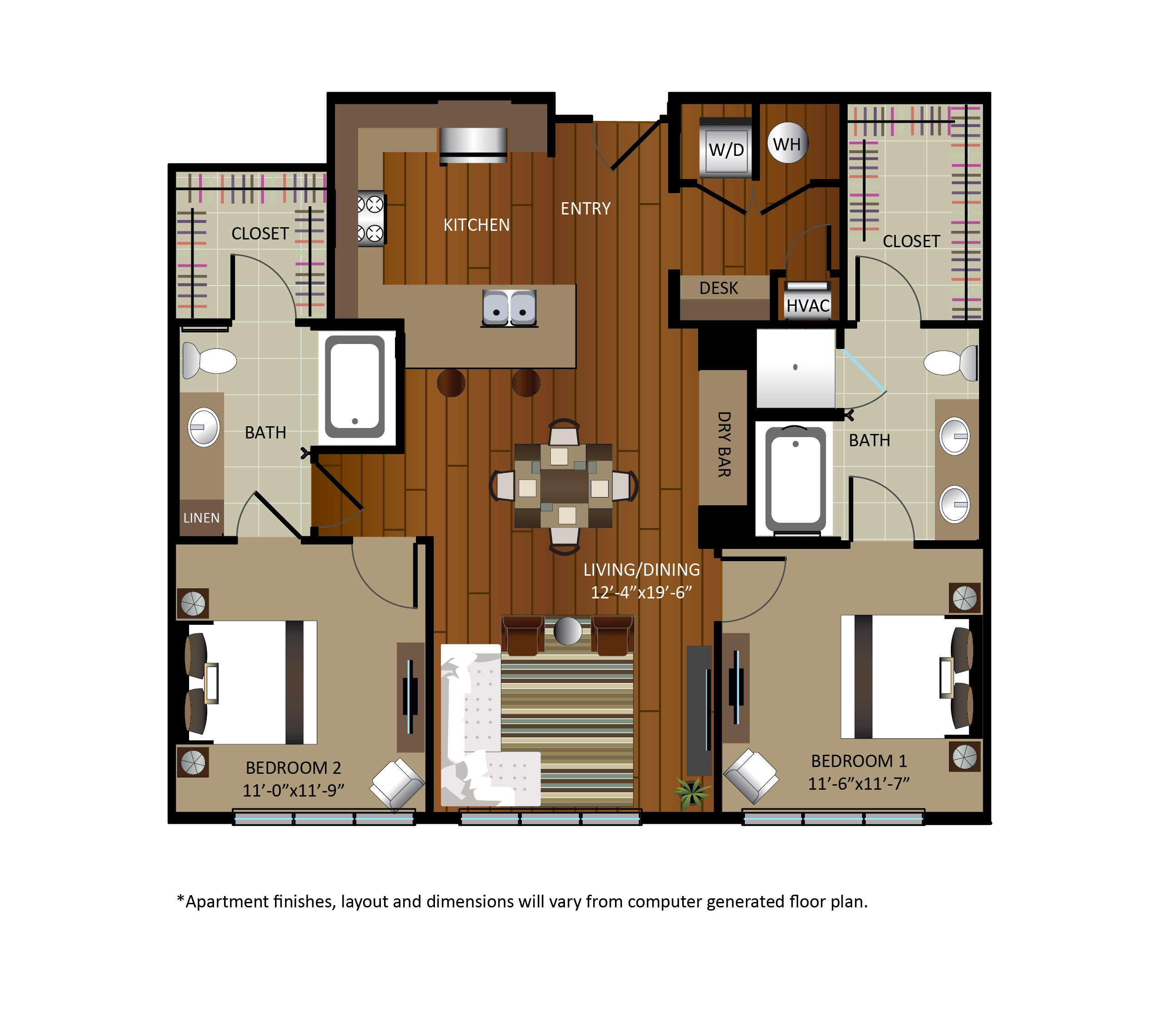 Floor plan for 2 beds, 2 baths, 1161 sqft