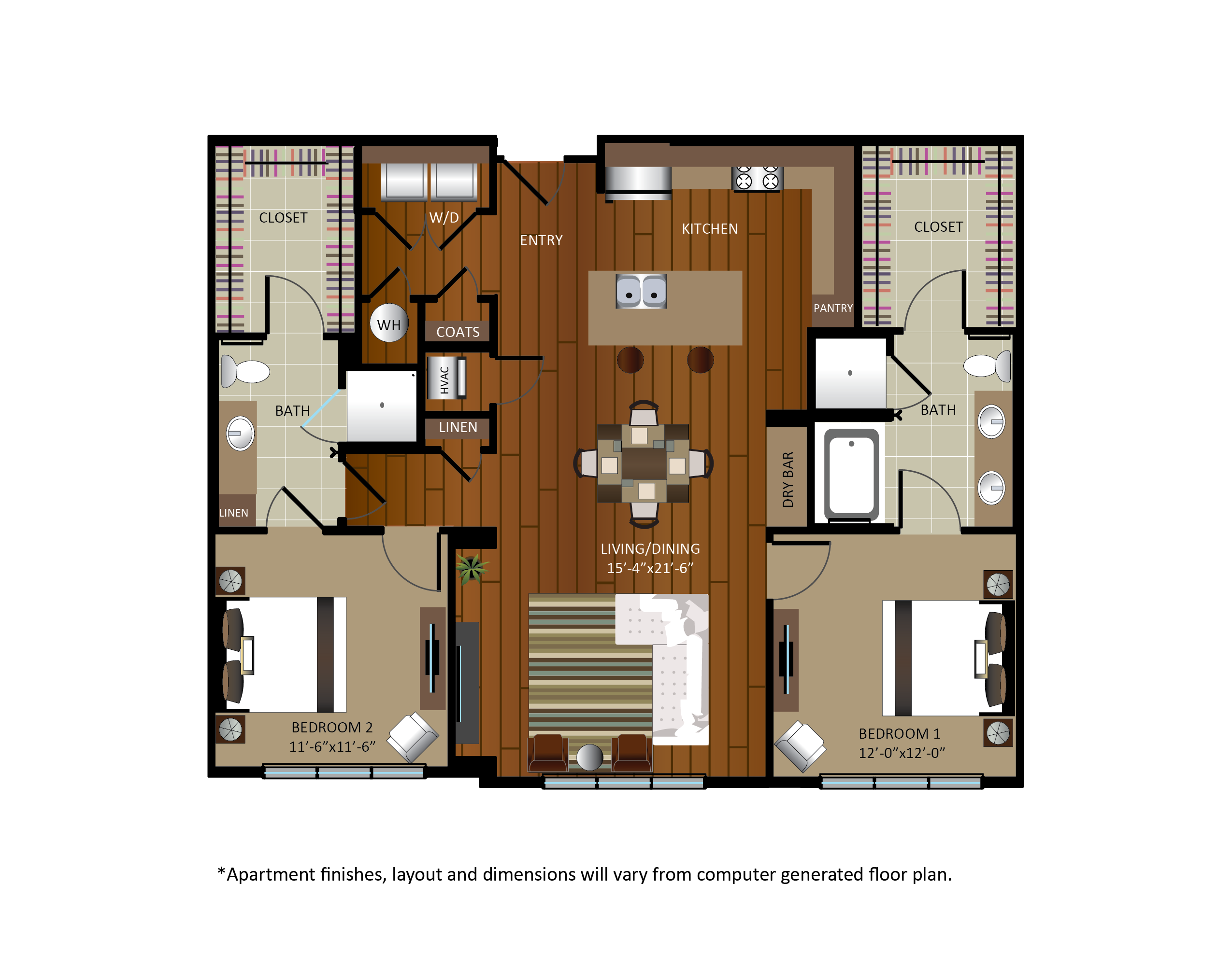 Floor plan for 2 beds, 2 baths, 1282 sqft