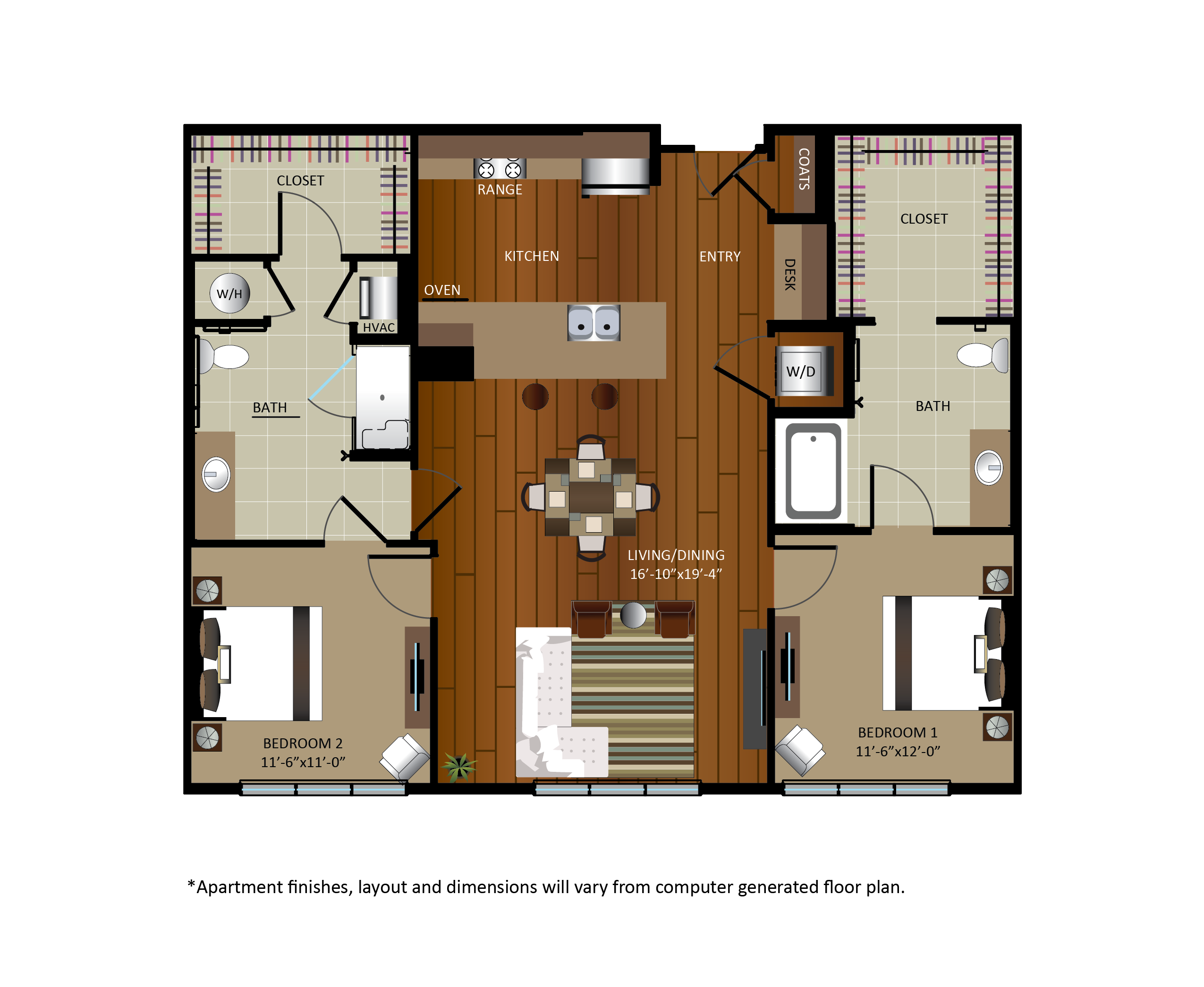 Floor plan for 2 beds, 2 baths, 1288 sqft