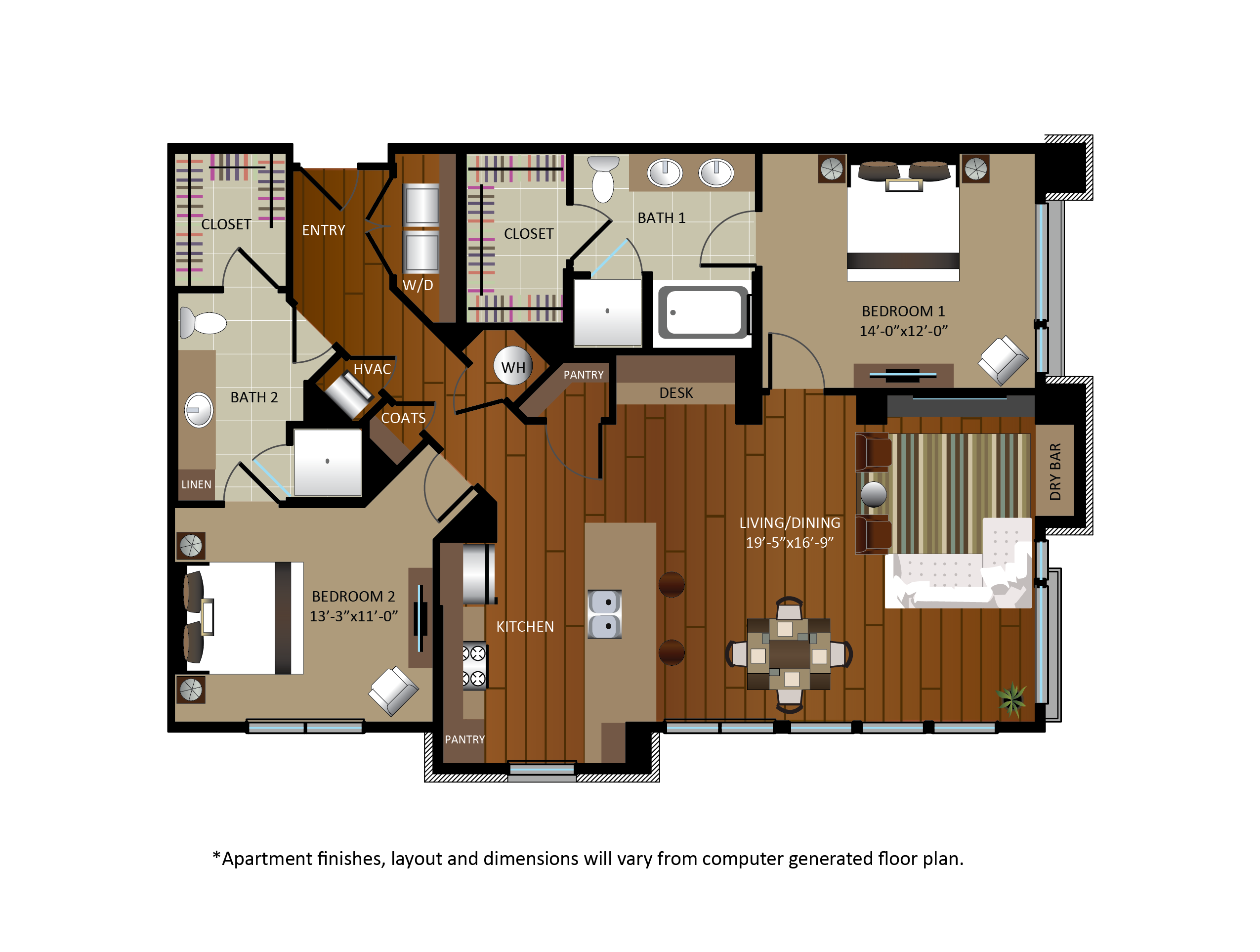 Floor plan for 2 beds, 2 baths, 1400 sqft