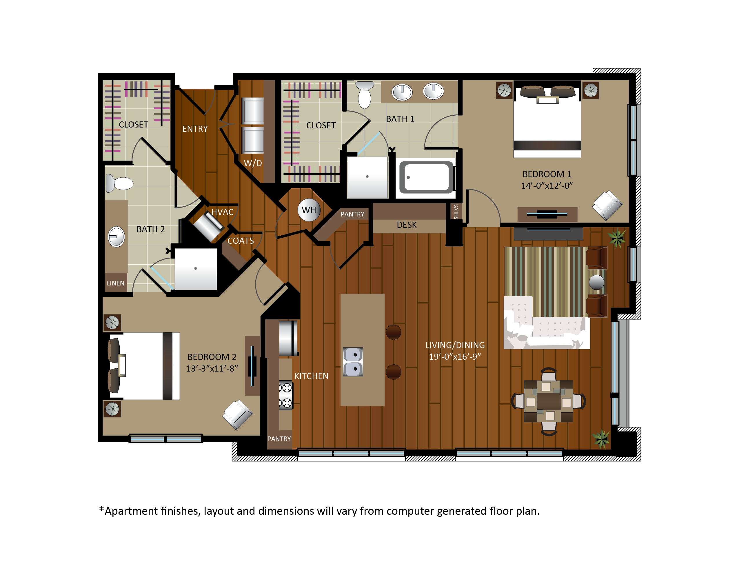 Floor plan for 2 beds, 2 baths, 1419 sqft