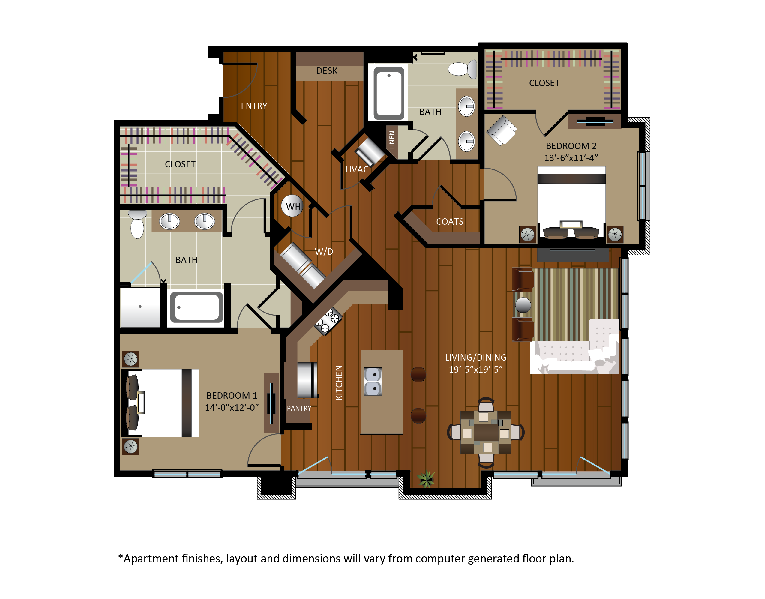 Floor plan for 2 beds, 2 baths, 1674 sqft