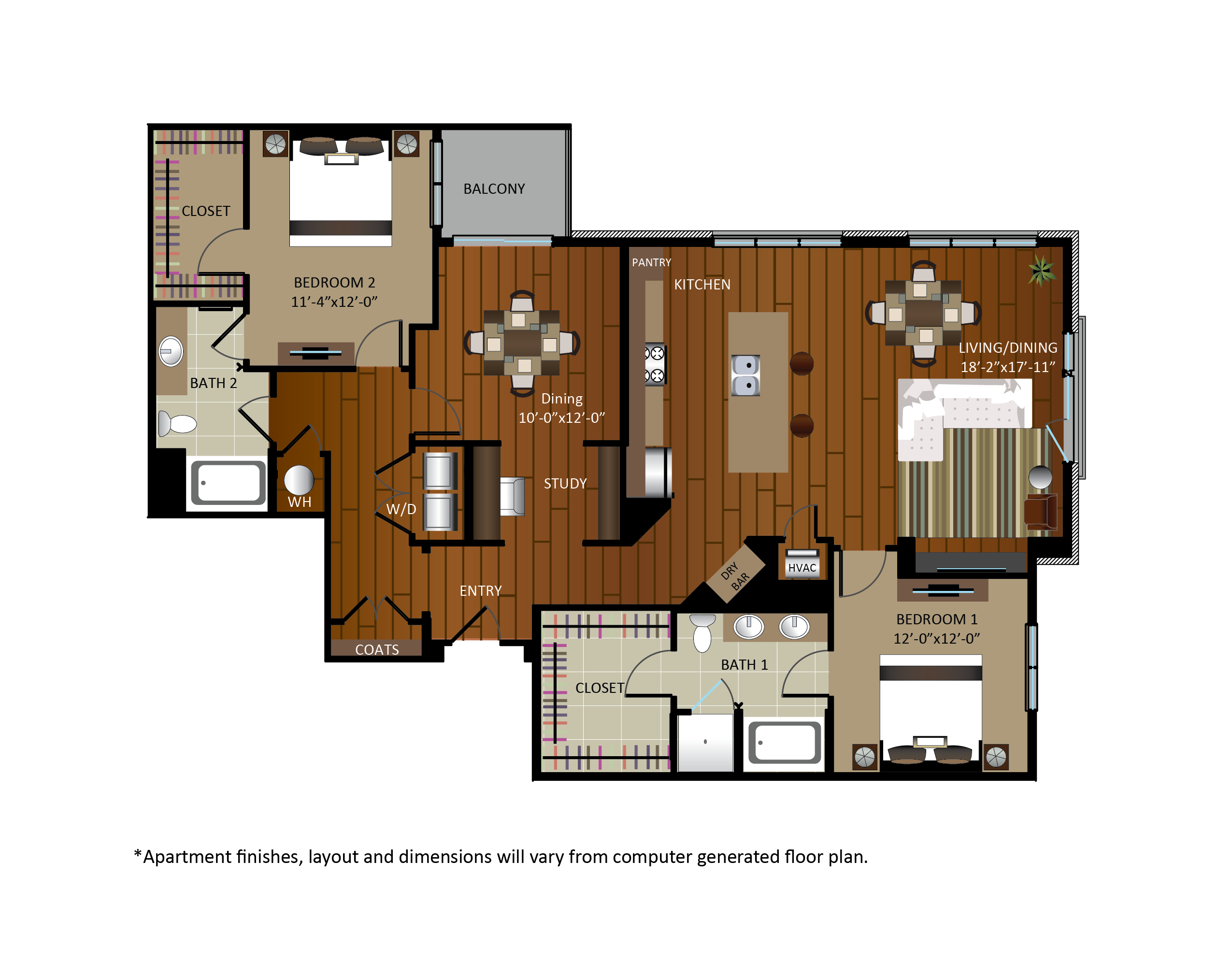 Floor plan for 2 beds, 2 baths, 1730 sqft