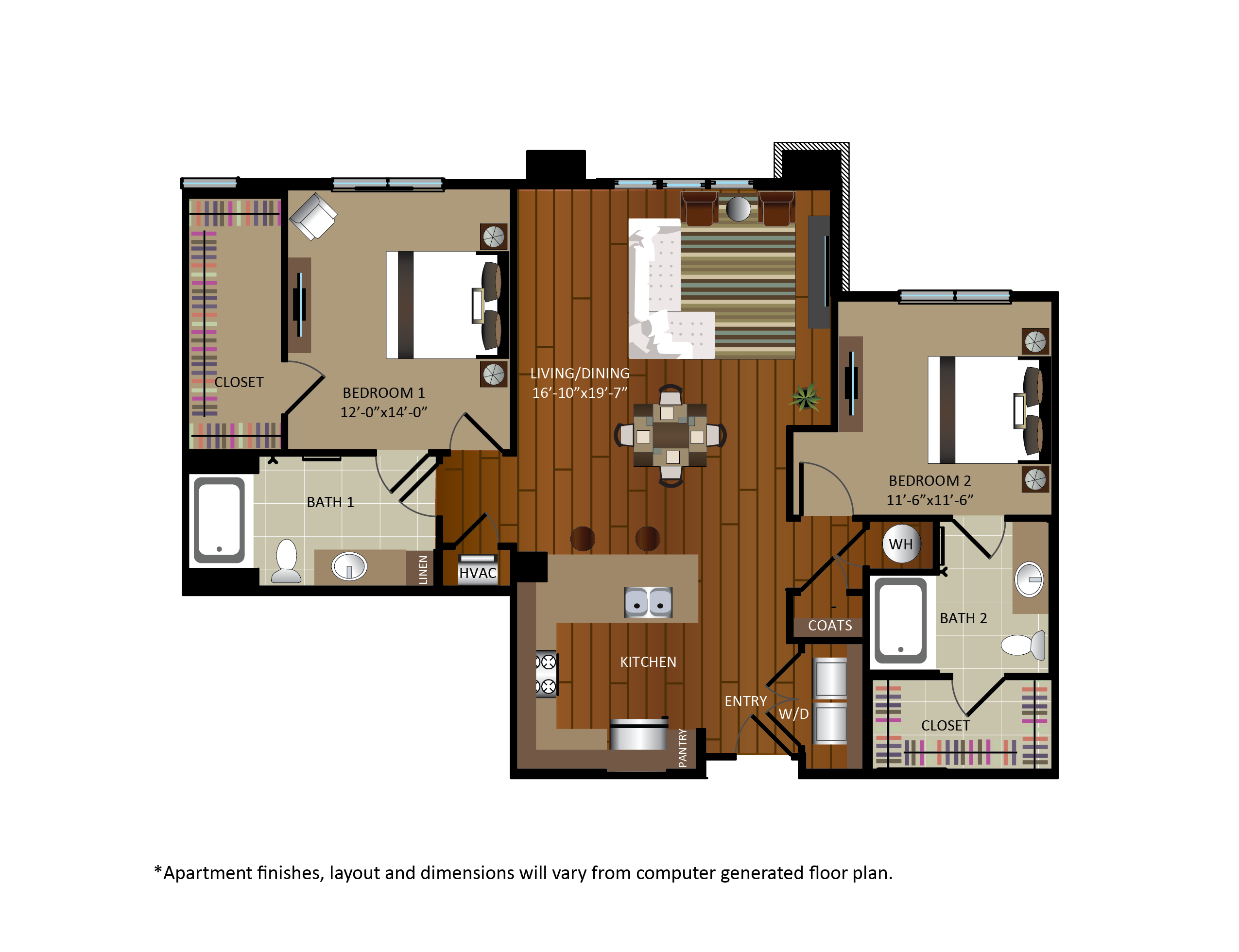 Floor plan for 2 beds, 2 baths, 1263 sqft