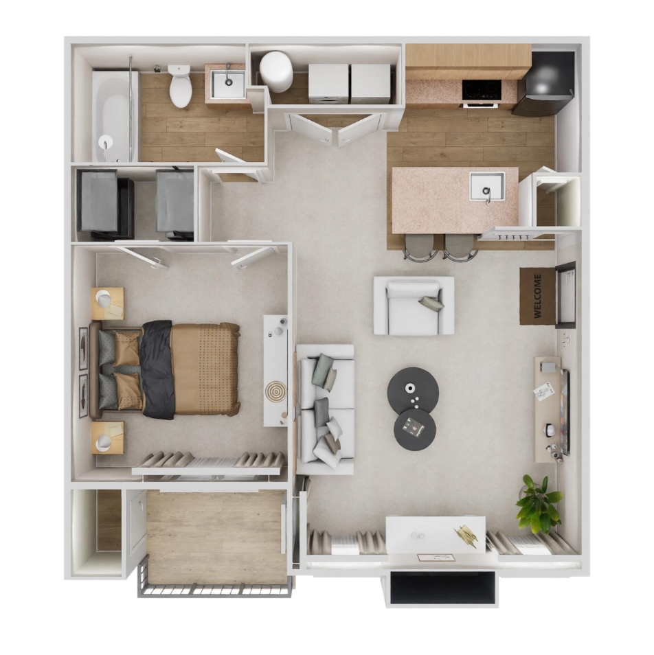 Floor plan for 1 bed, 1 bath, 598 sqft