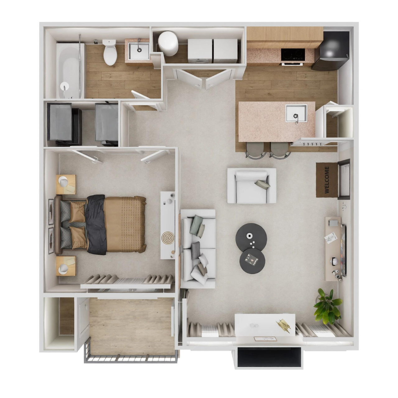 Floor plan for 1 bed, 1 bath, 598 sqft