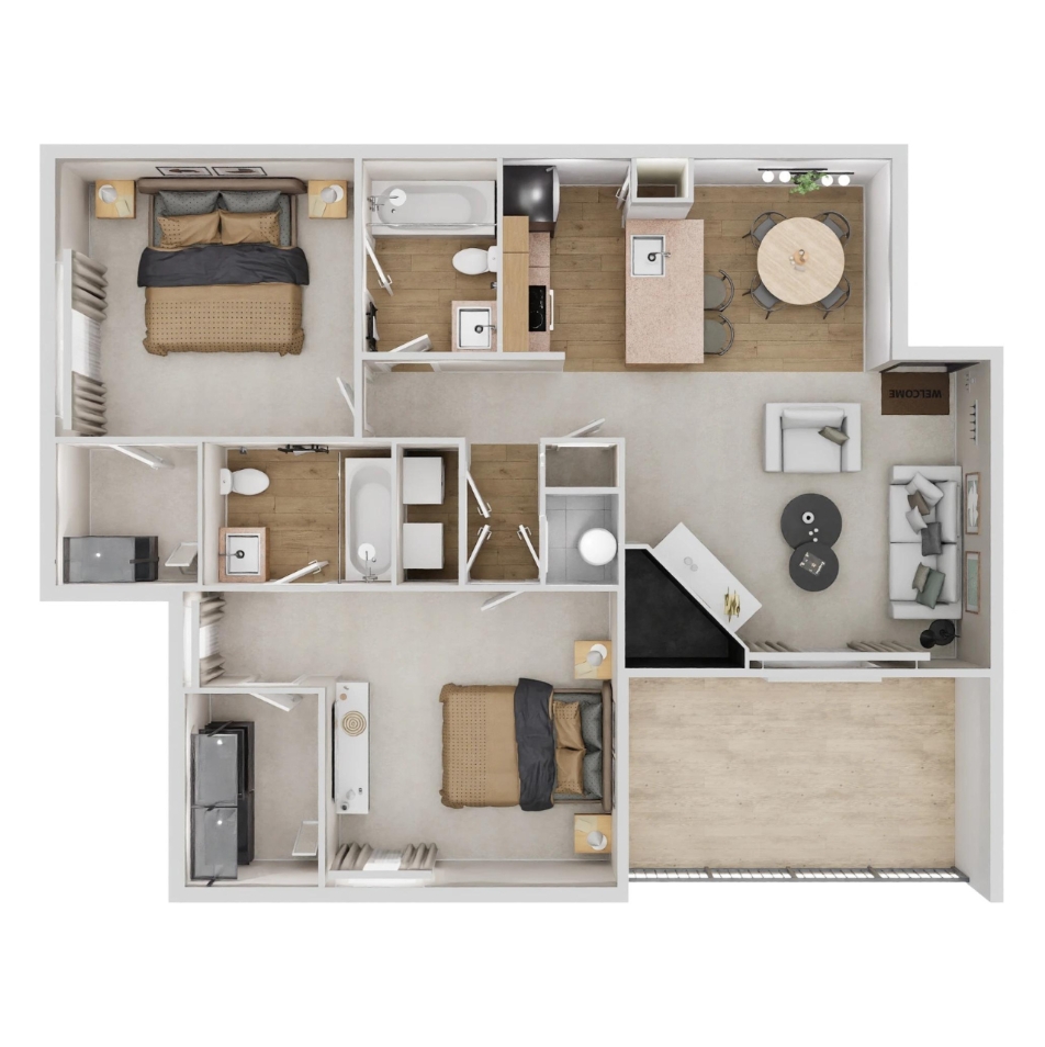 Floor plan for 2 beds, 2 baths, 1087 sqft