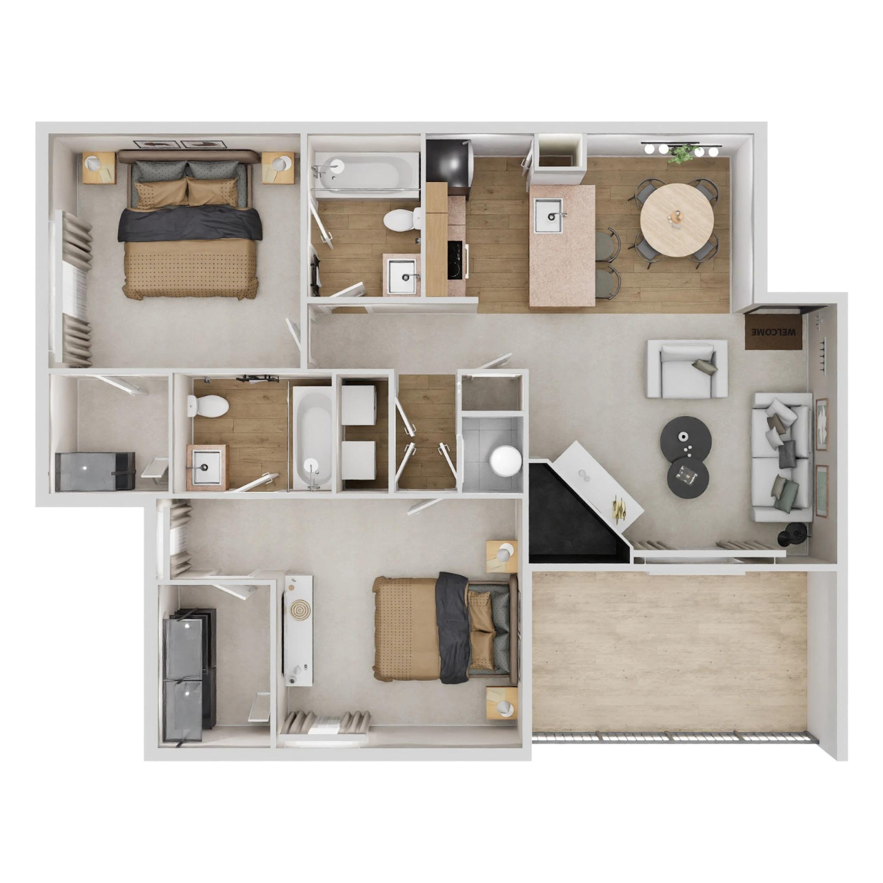 Floor plan for 2 beds, 2 baths, 1087 sqft