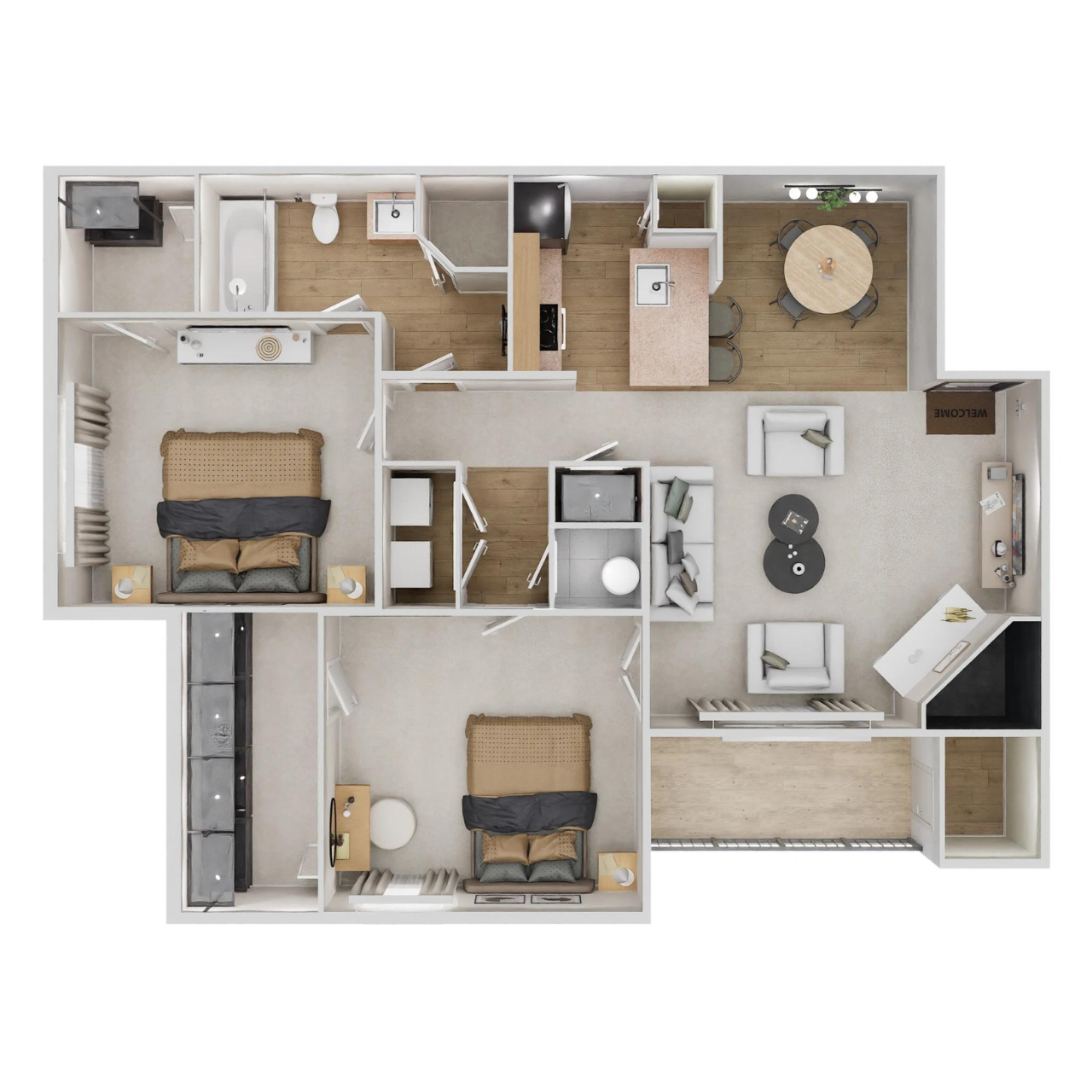Floor plan for 2 beds, 1 bath, 1086 sqft