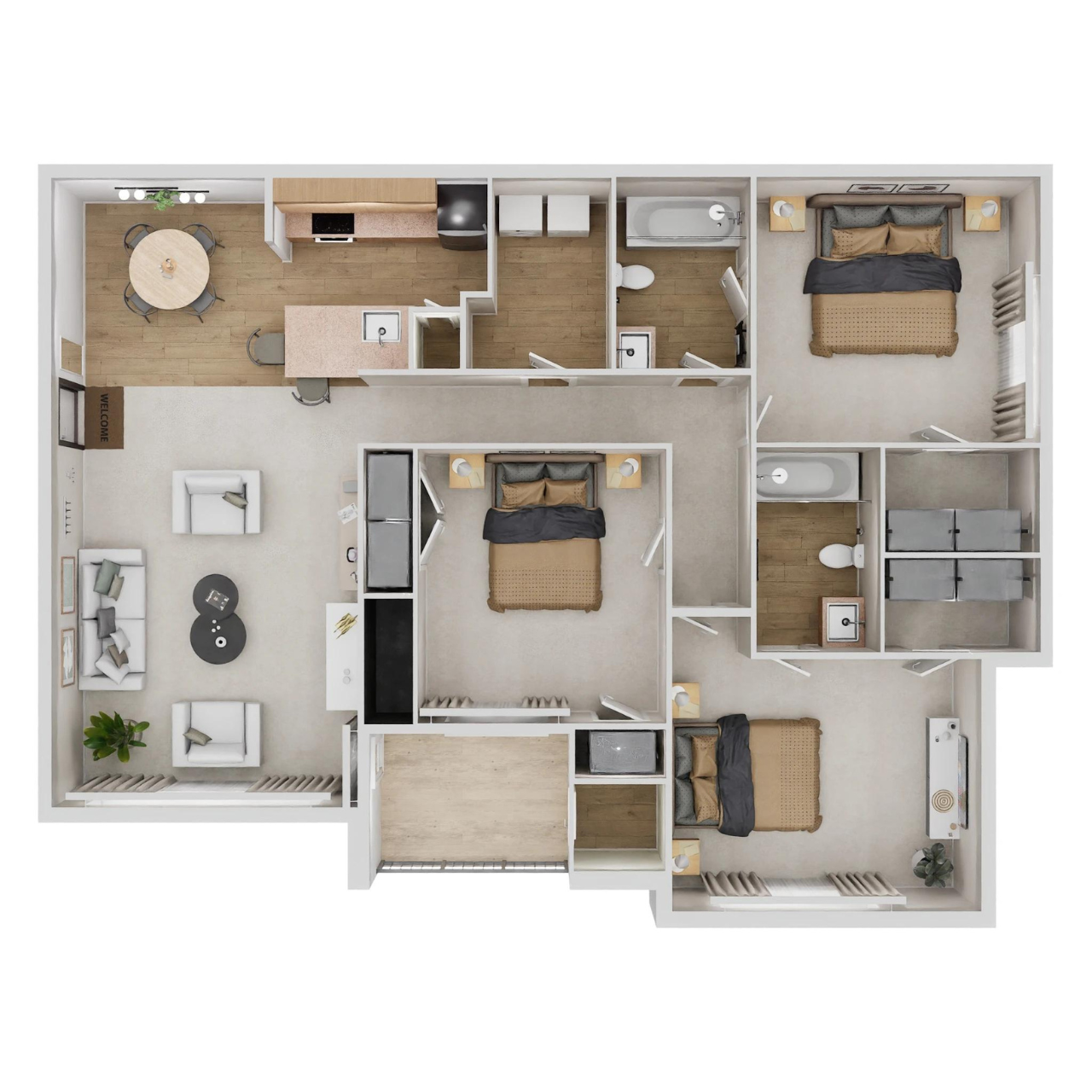 Floor plan for 3 beds, 2 baths, 1309 sqft