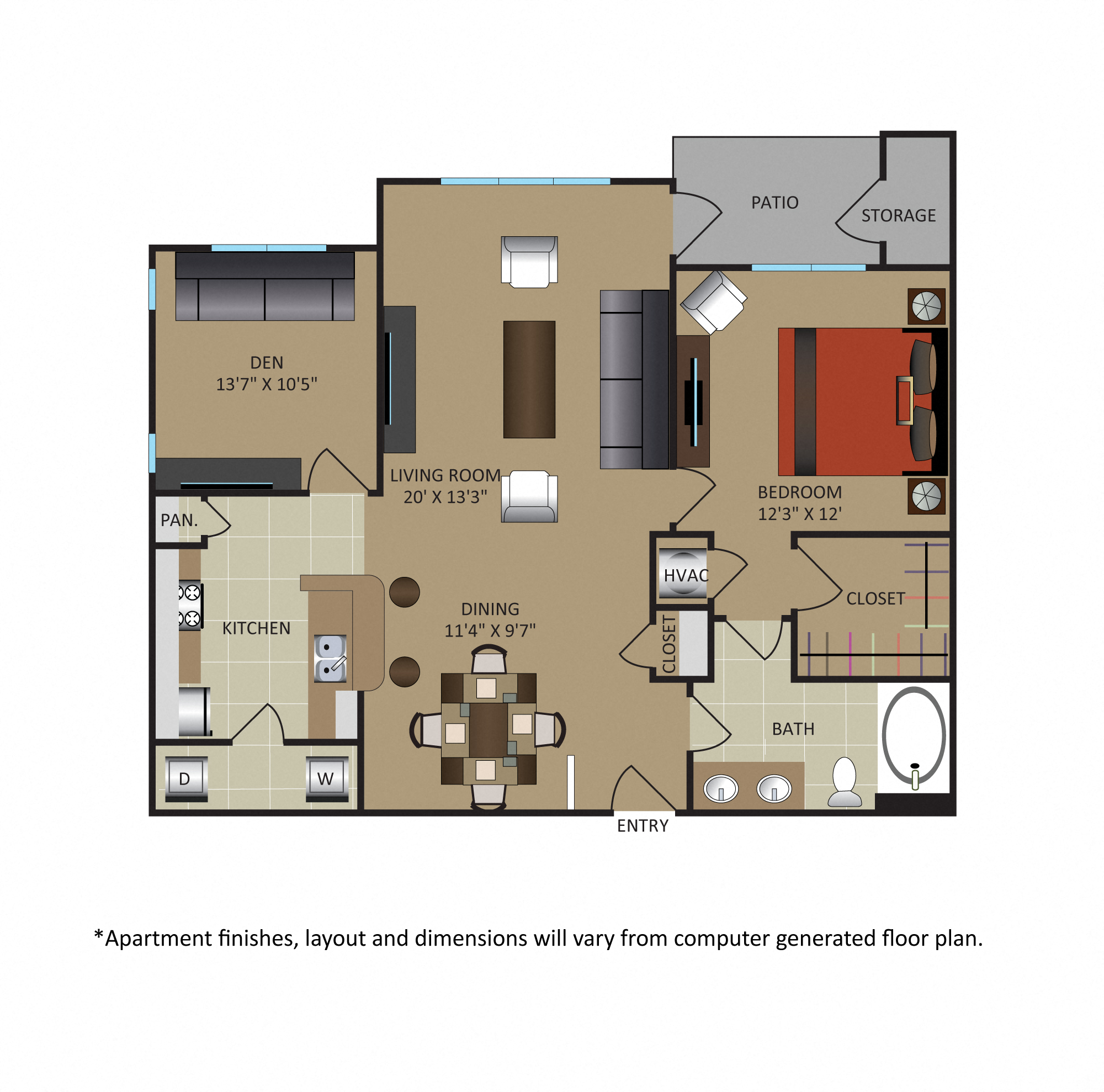 Floor plan for 1 bed, 1 bath, 993 sqft