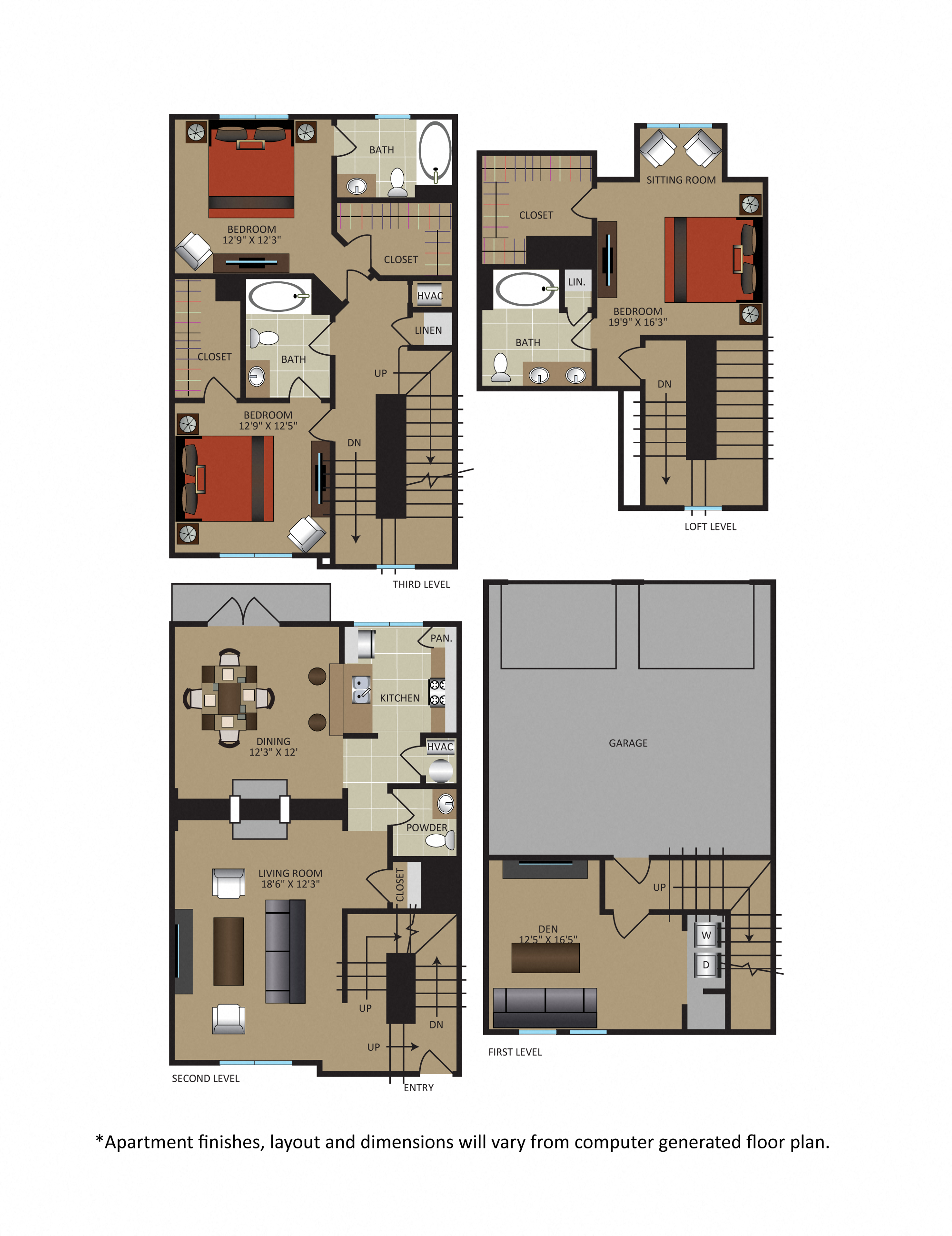 Floor plan for 3 beds, 3.5 baths, 2071 sqft