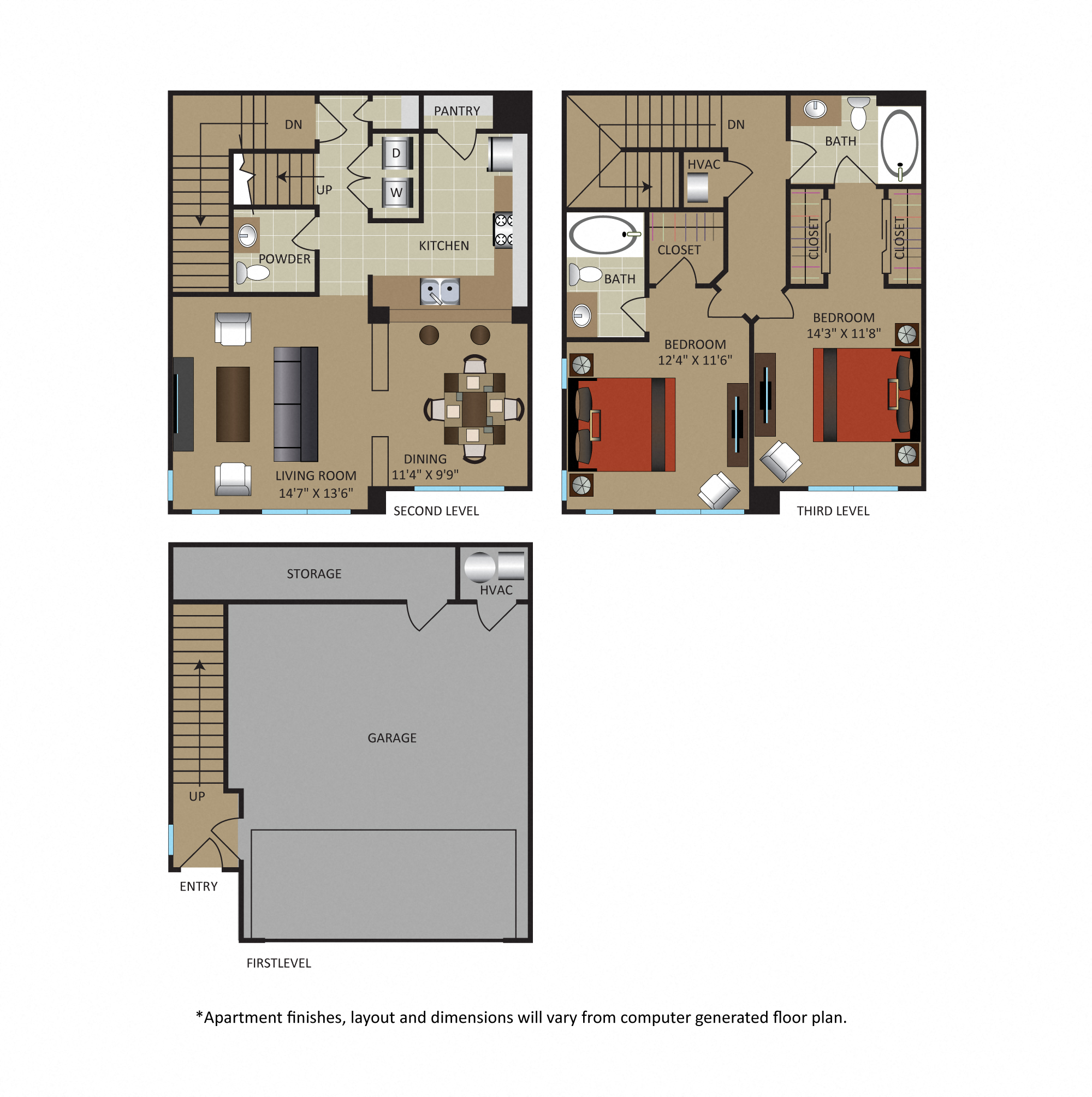 Floor plan for 2 beds, 2.5 baths, 1528 sqft