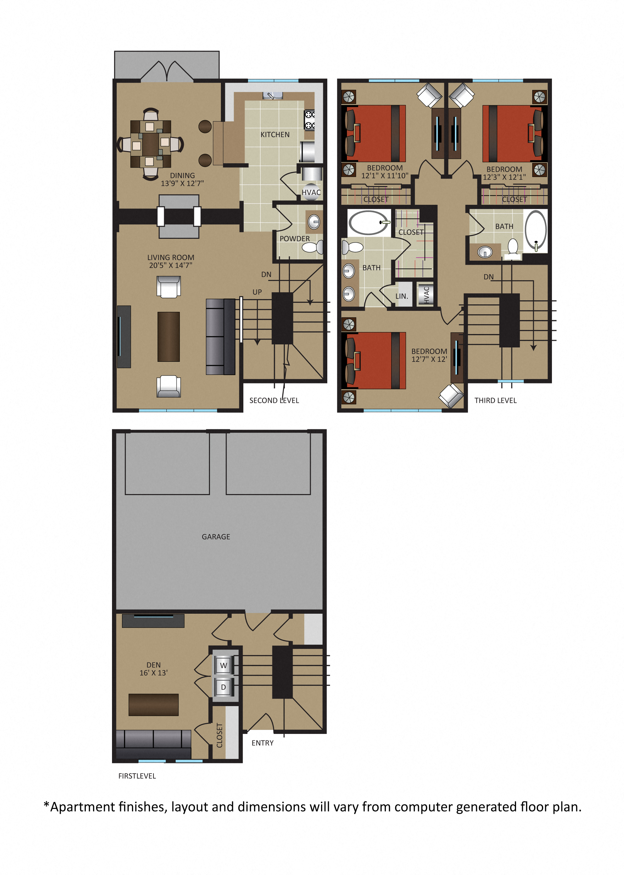 Floor plan for 3 beds, 2.5 baths, 2225 sqft