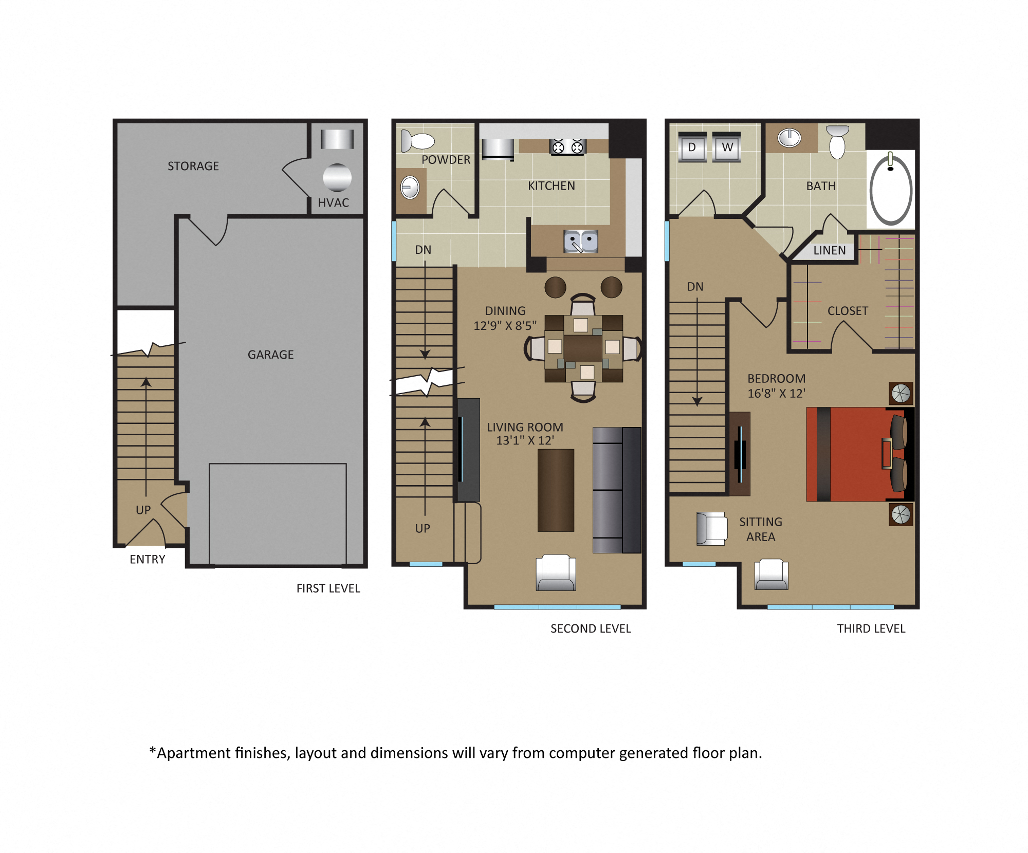 Floor plan for 1 bed, 1.5 baths, 1177 sqft
