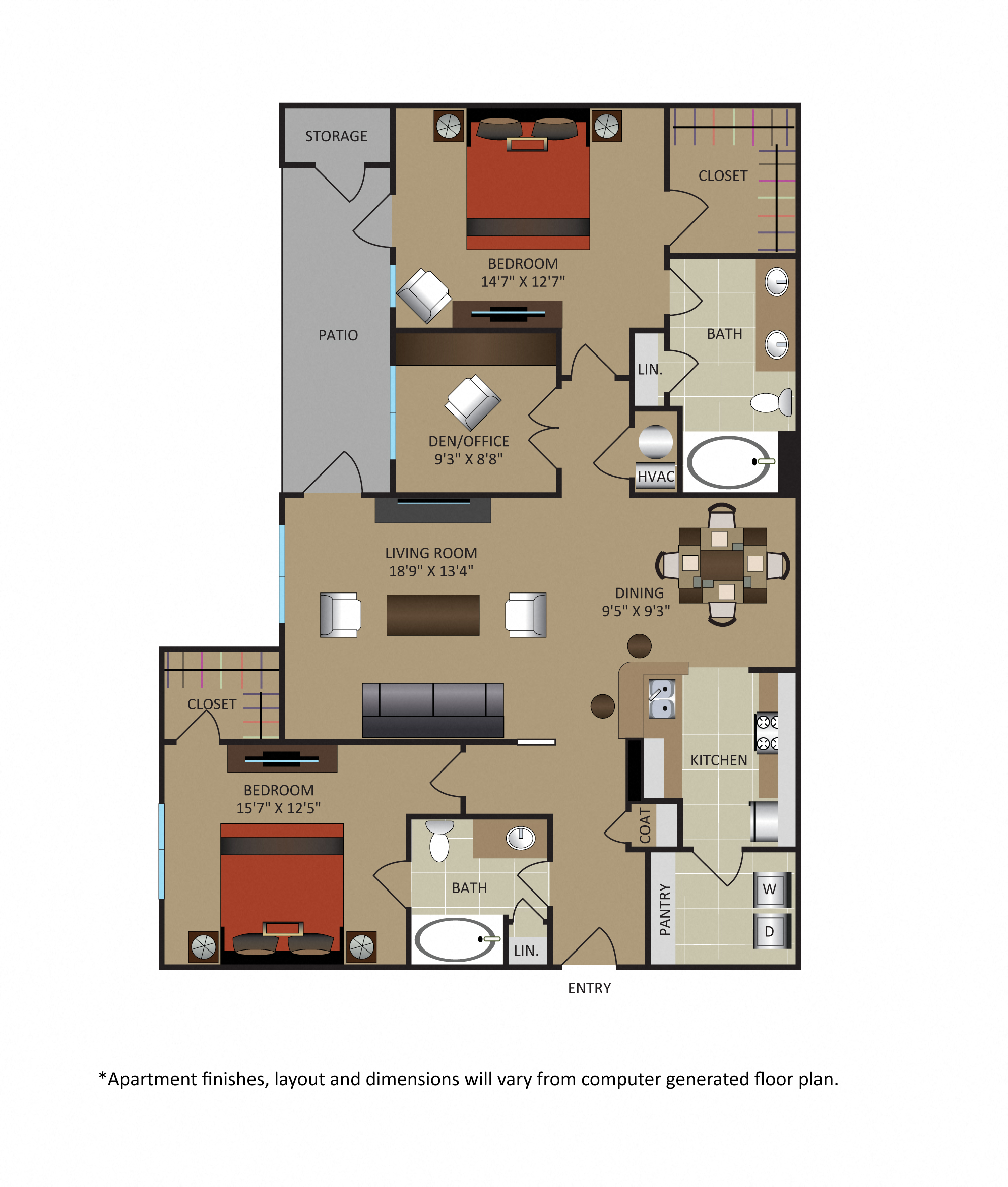 Floor plan for 2 beds, 2 baths, 1312 sqft