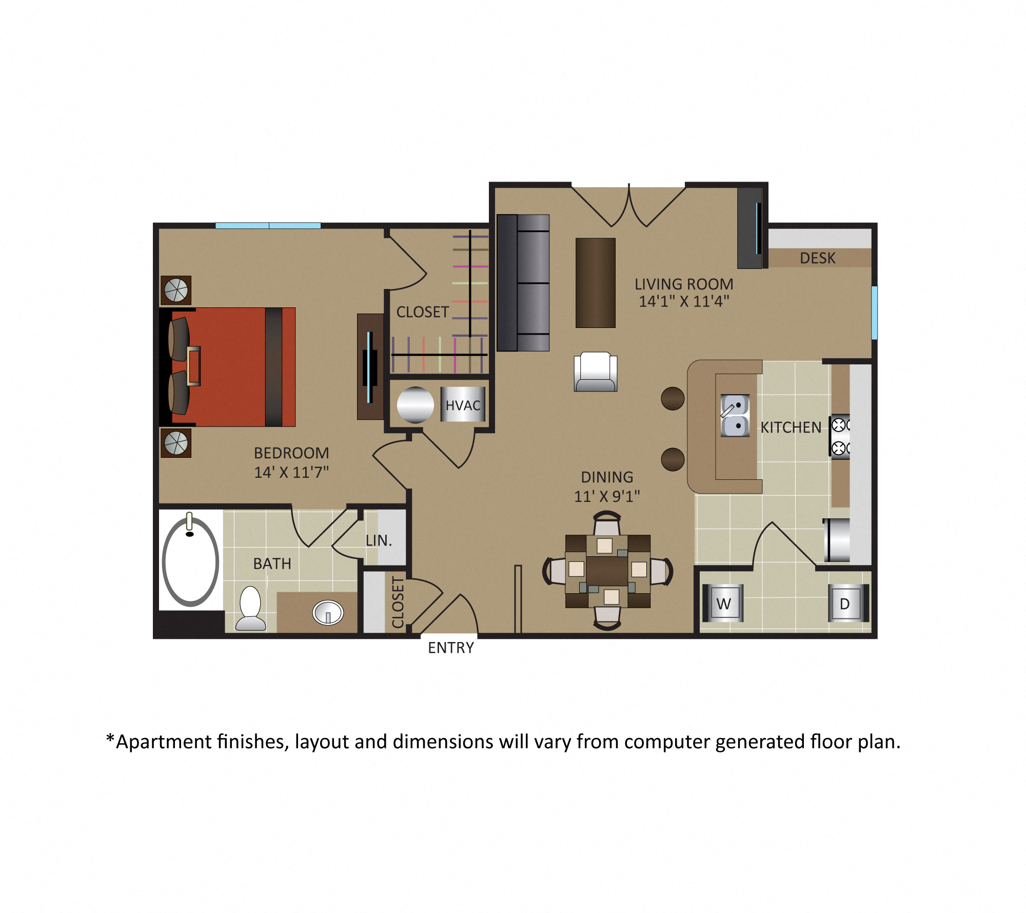 Floor plan for 1 bed, 1 bath, 769 sqft