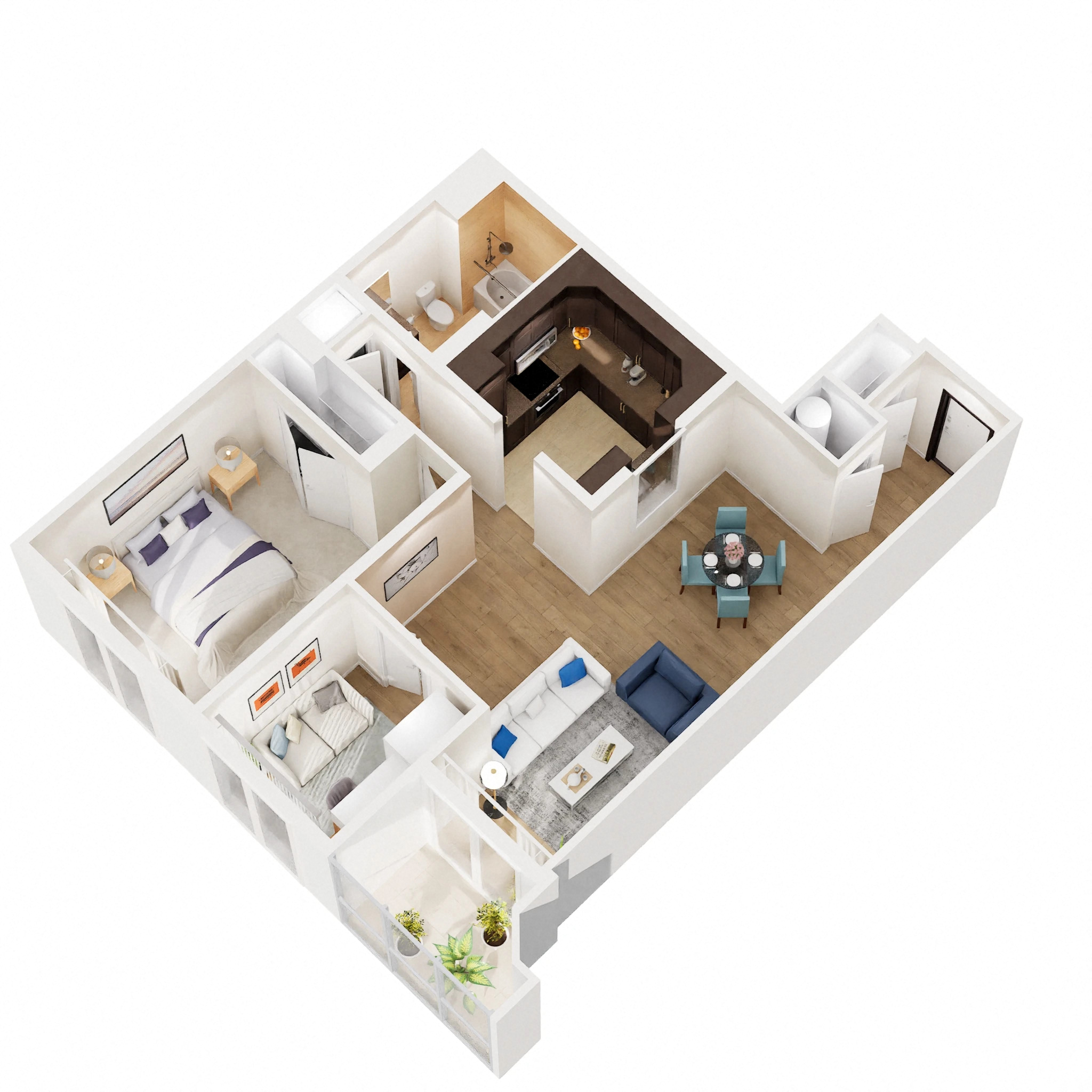 Floor plan for 1 bed, 1 bath, 845 sqft