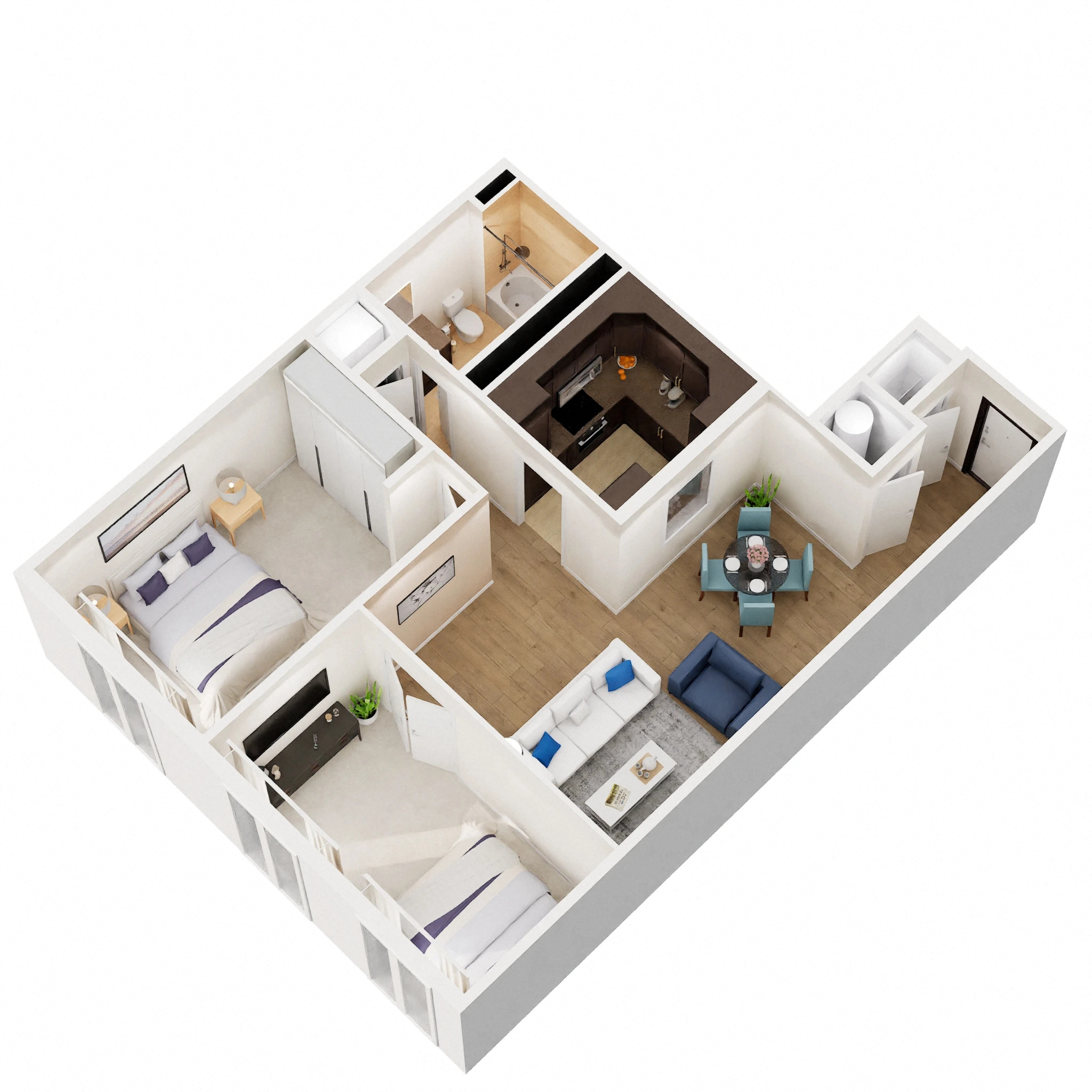 Floor plan for 1 bed, 1 bath, 891 sqft
