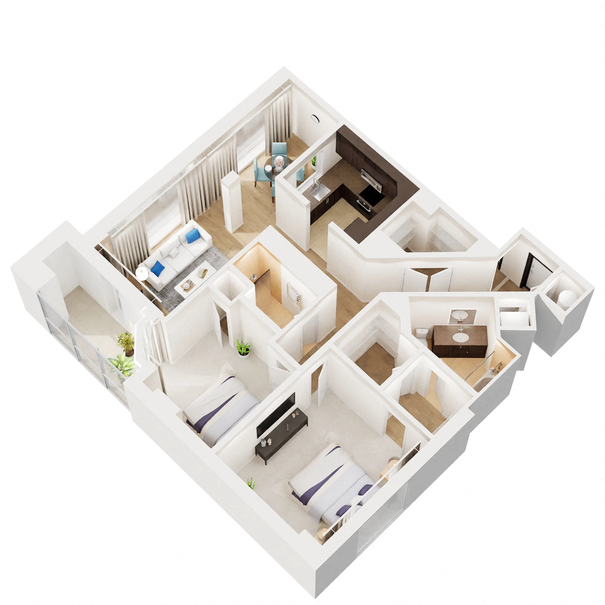Floor plan for 2 beds, 2 baths, 1186 sqft