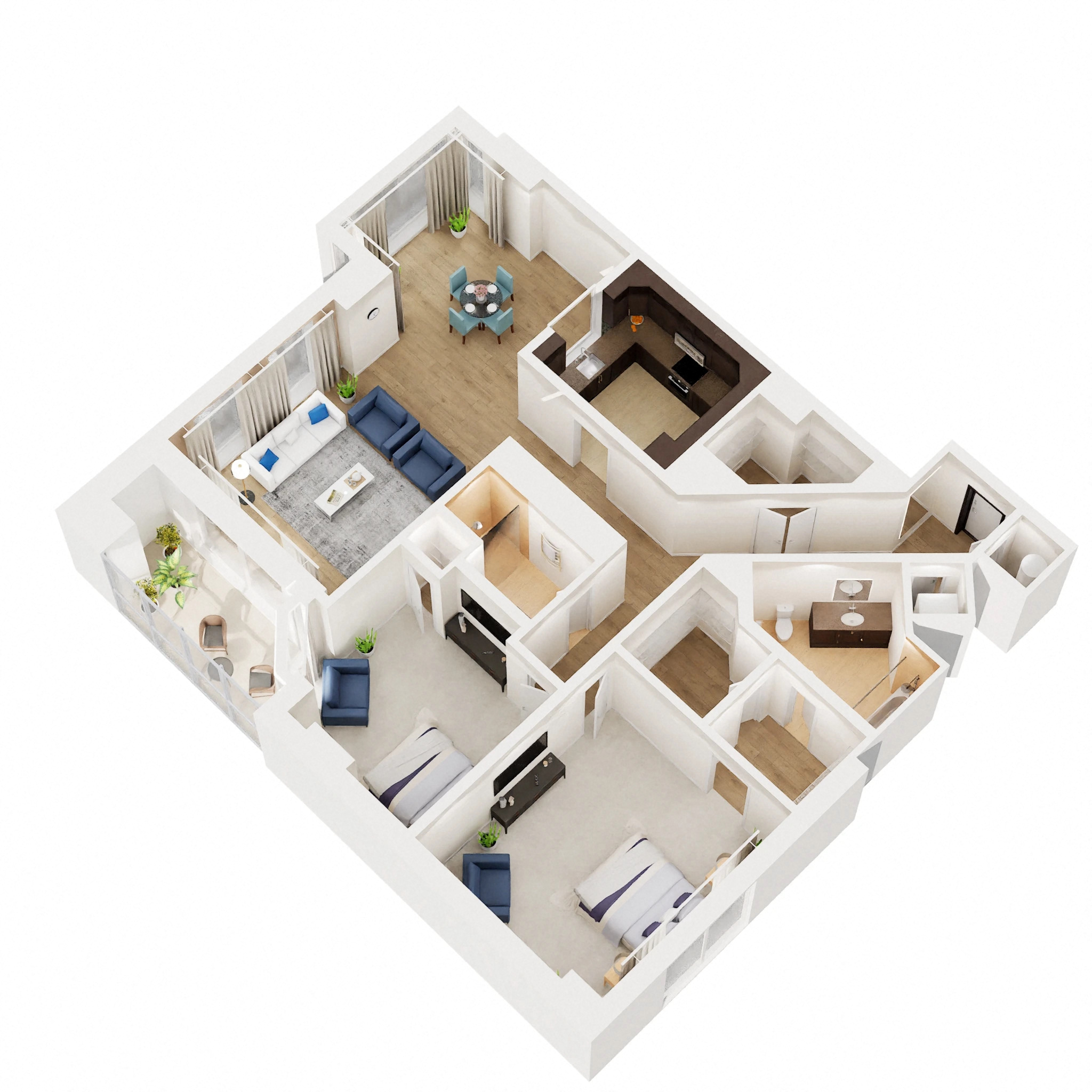 Floor plan for 2 beds, 2 baths, 1222 sqft