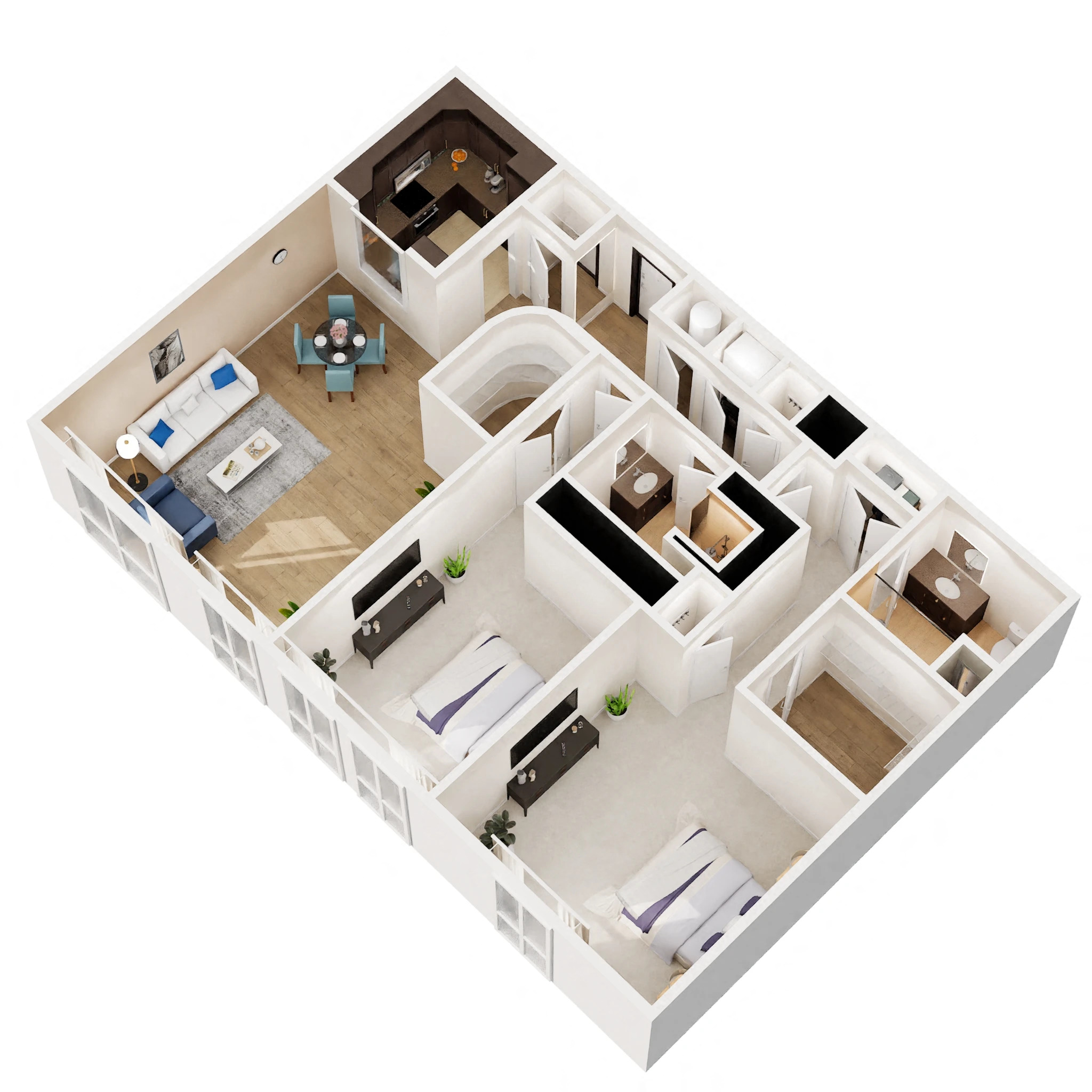 Floor plan for 2 beds, 2 baths, 1272 sqft