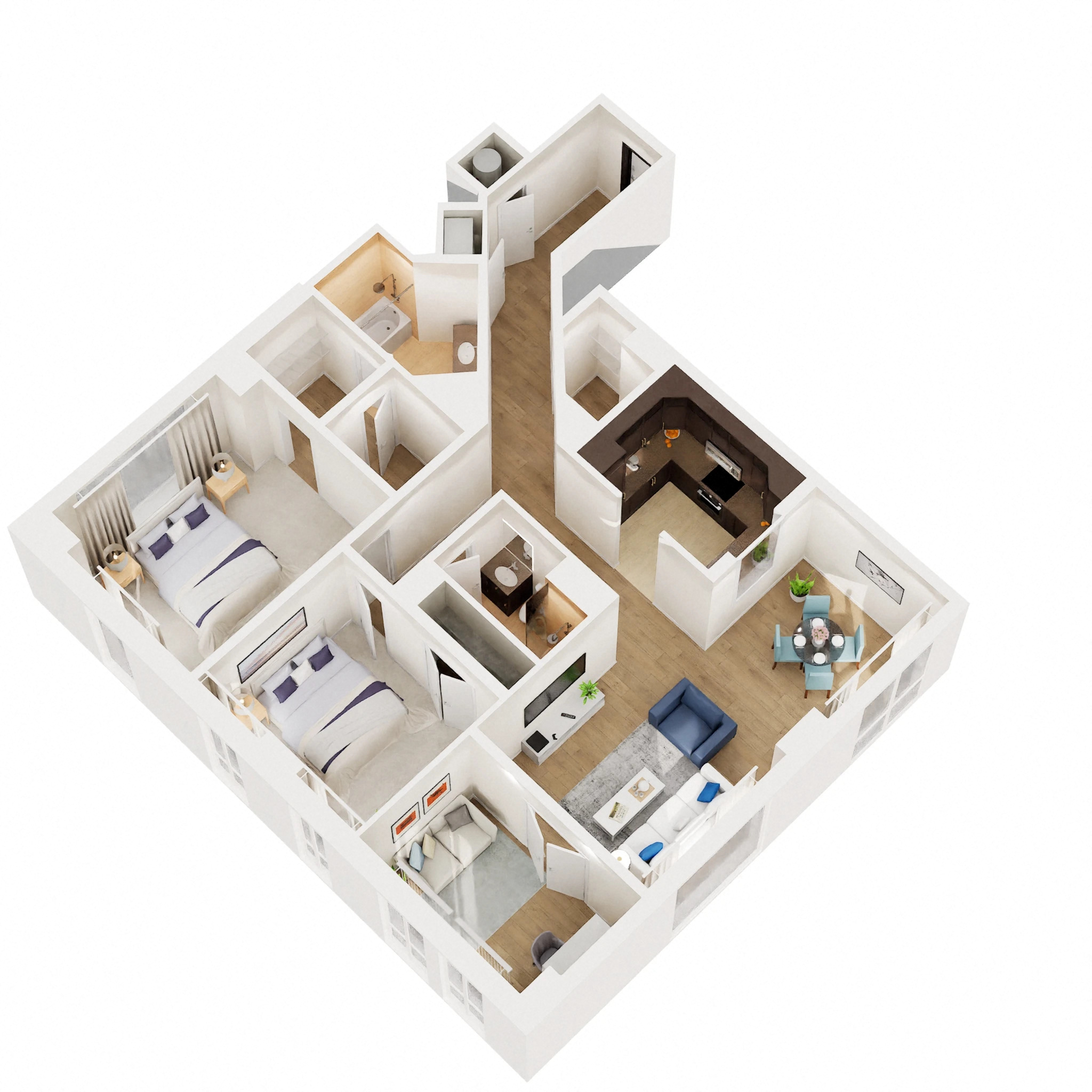 Floor plan for 2 beds, 2 baths, 1285 sqft