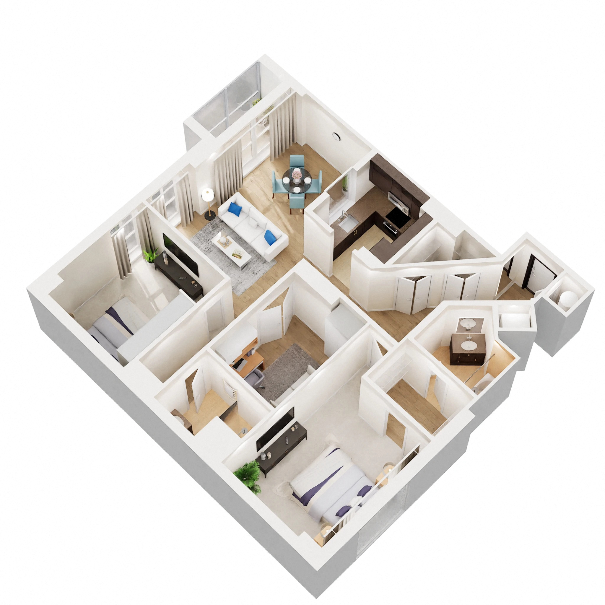 Floor plan for 2 beds, 2 baths, 1287 sqft