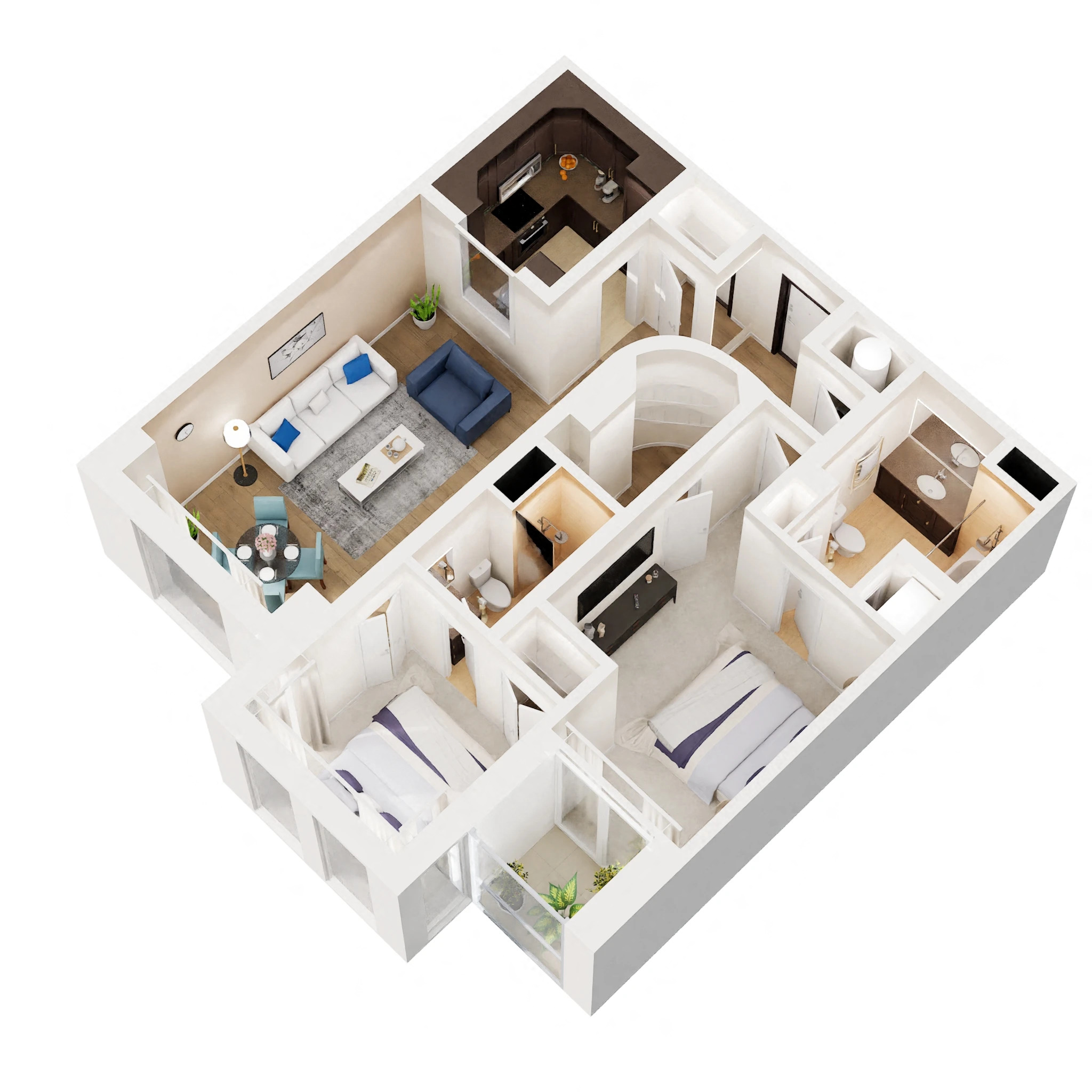 Floor plan for 2 beds, 2 baths, 912 sqft