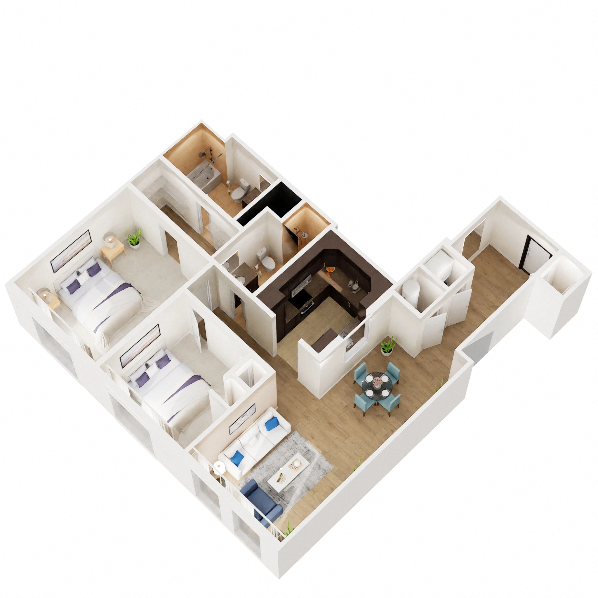 Floor plan for 2 beds, 2 baths, 981 sqft