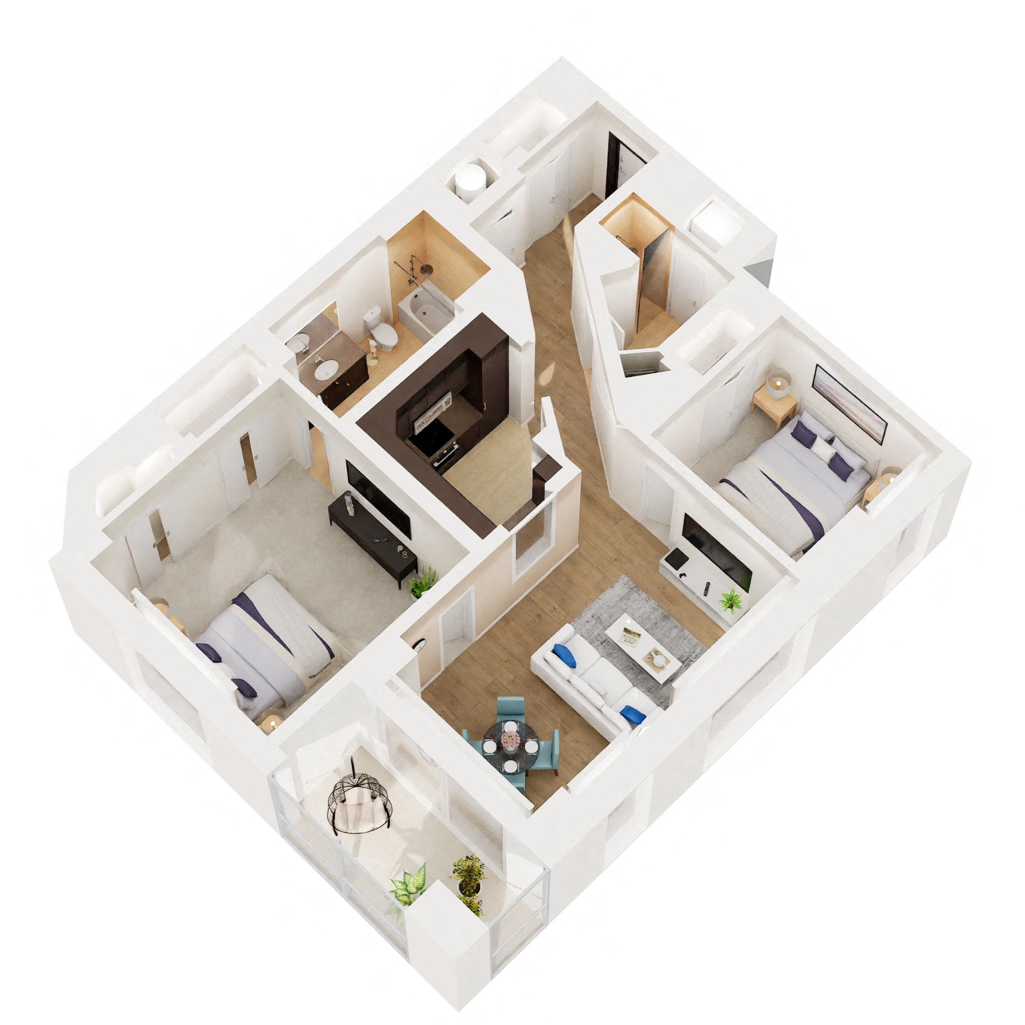 Floor plan for 2 beds, 2 baths, 991 sqft
