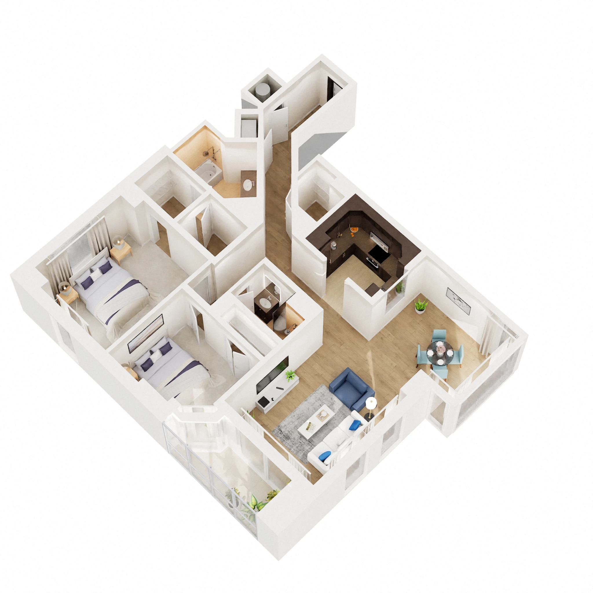 Floor plan for 2 beds, 2 baths, 1245 sqft