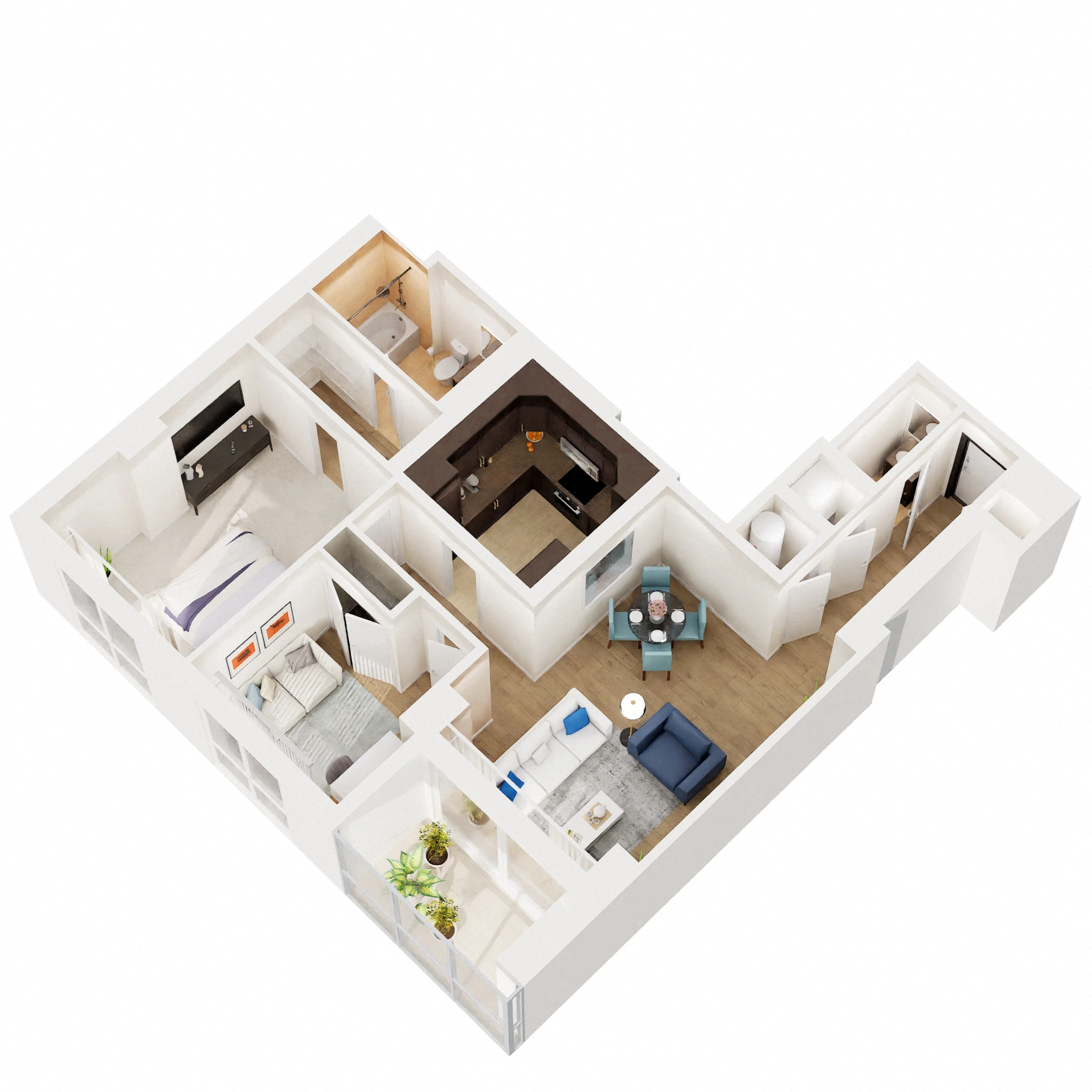 Floor plan for 1 bed, 1.5 baths, 911 sqft
