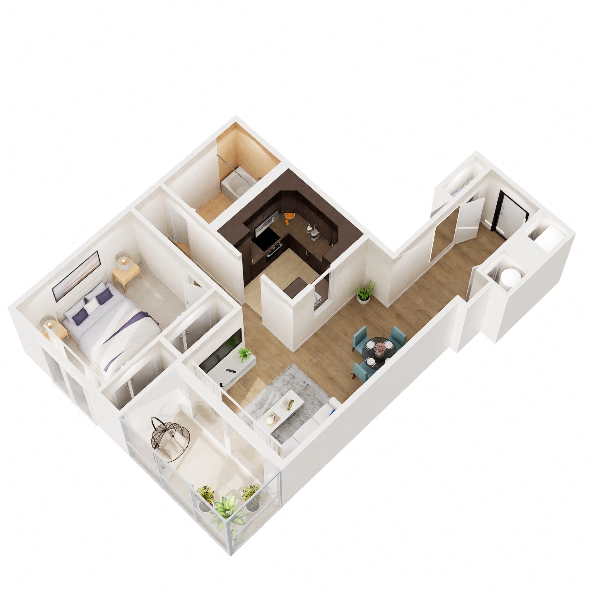 Floor plan for 1 bed, 1 bath, 653 sqft