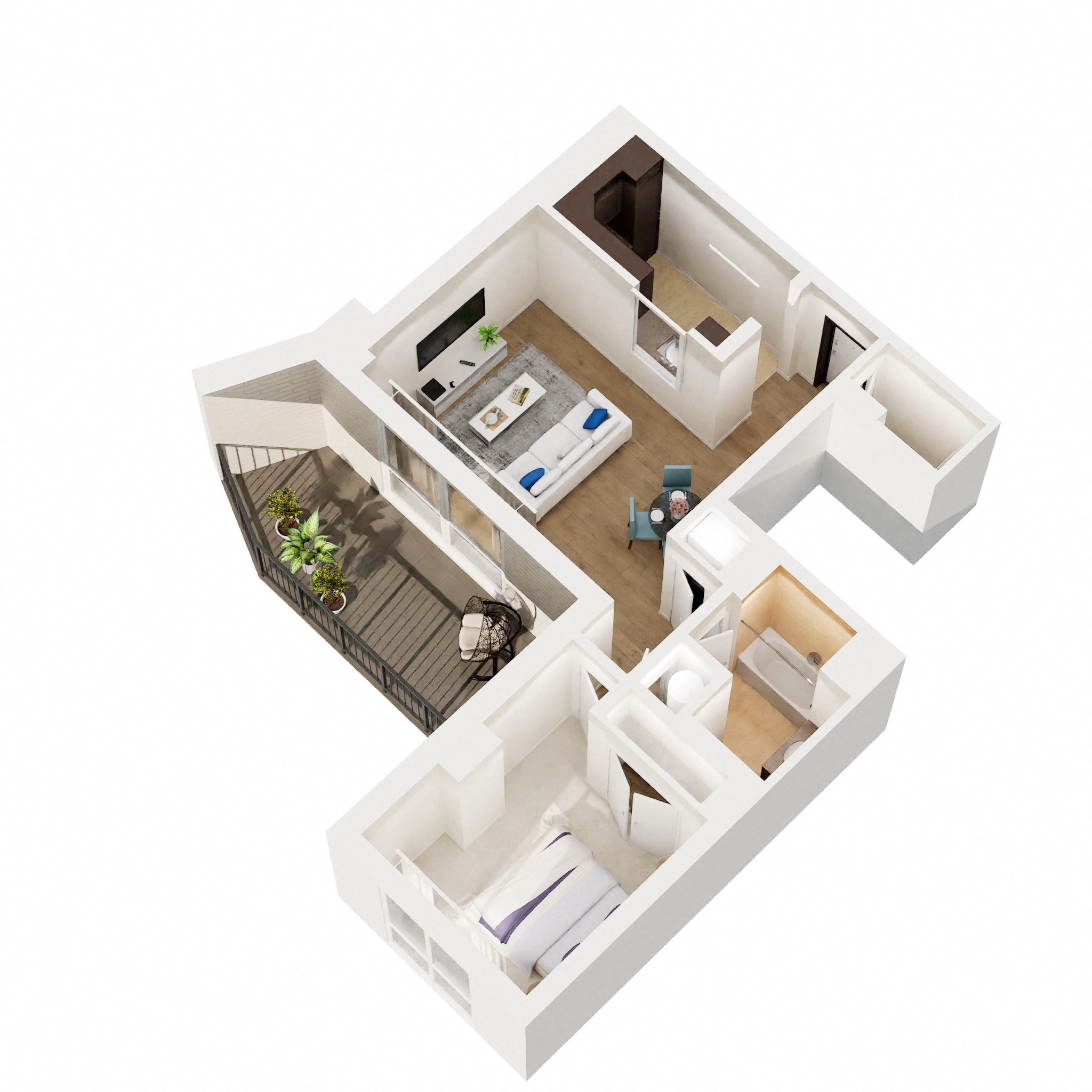 Floor plan for 1 bed, 1 bath, 735 sqft
