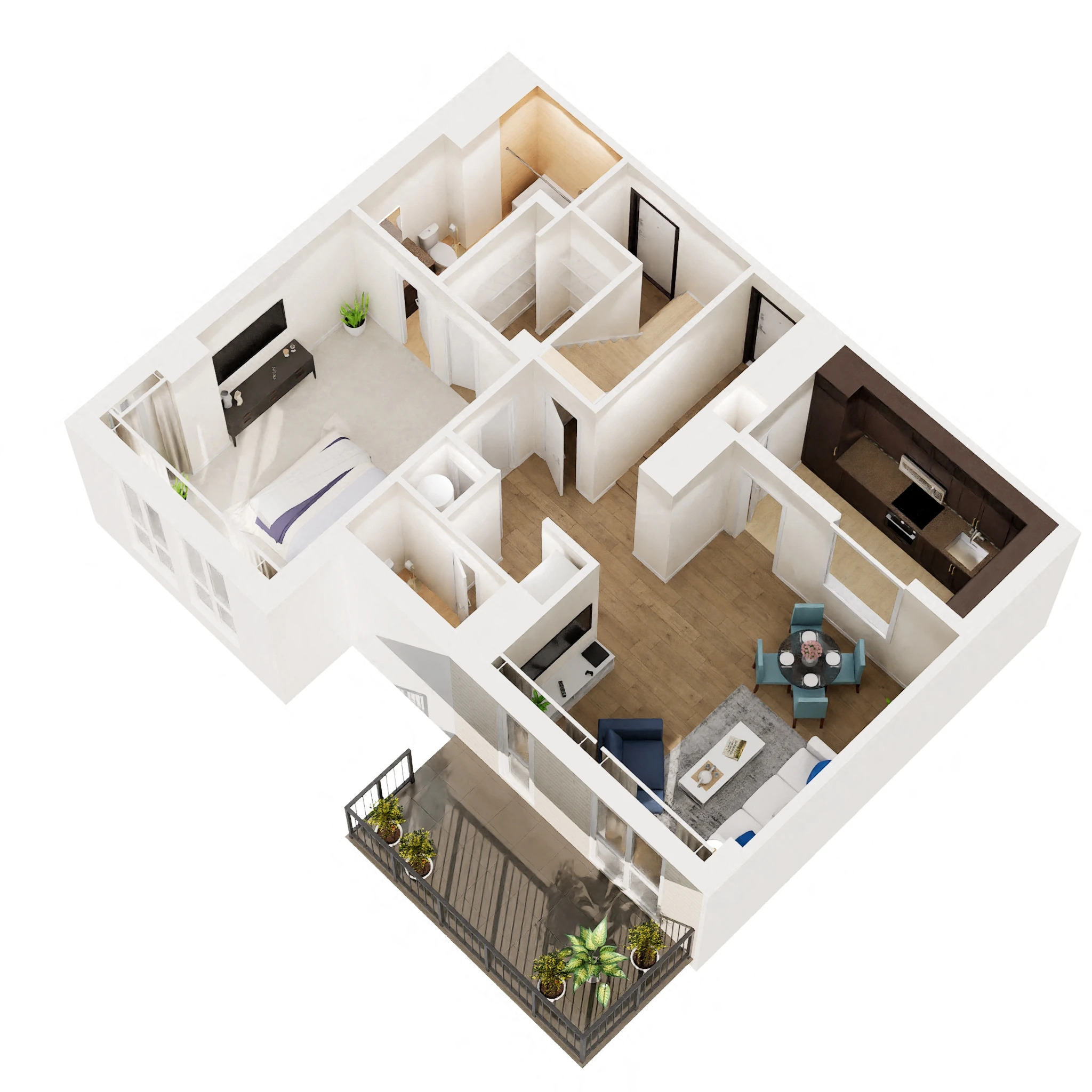 Floor plan for 1 bed, 1.5 baths, 742 sqft