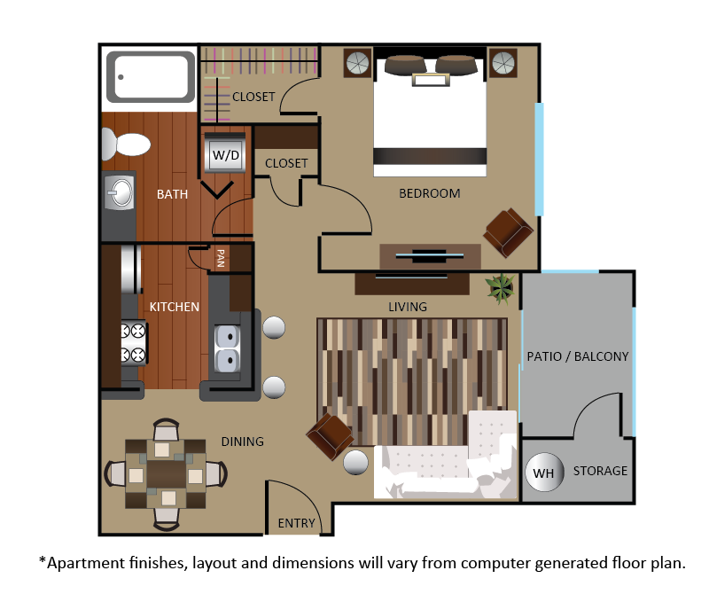 Floor plan for 1 bed, 1 bath, 614 sqft