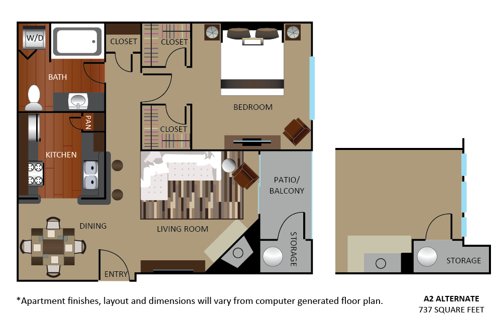 Floor plan for 1 bed, 1 bath, 676 sqft